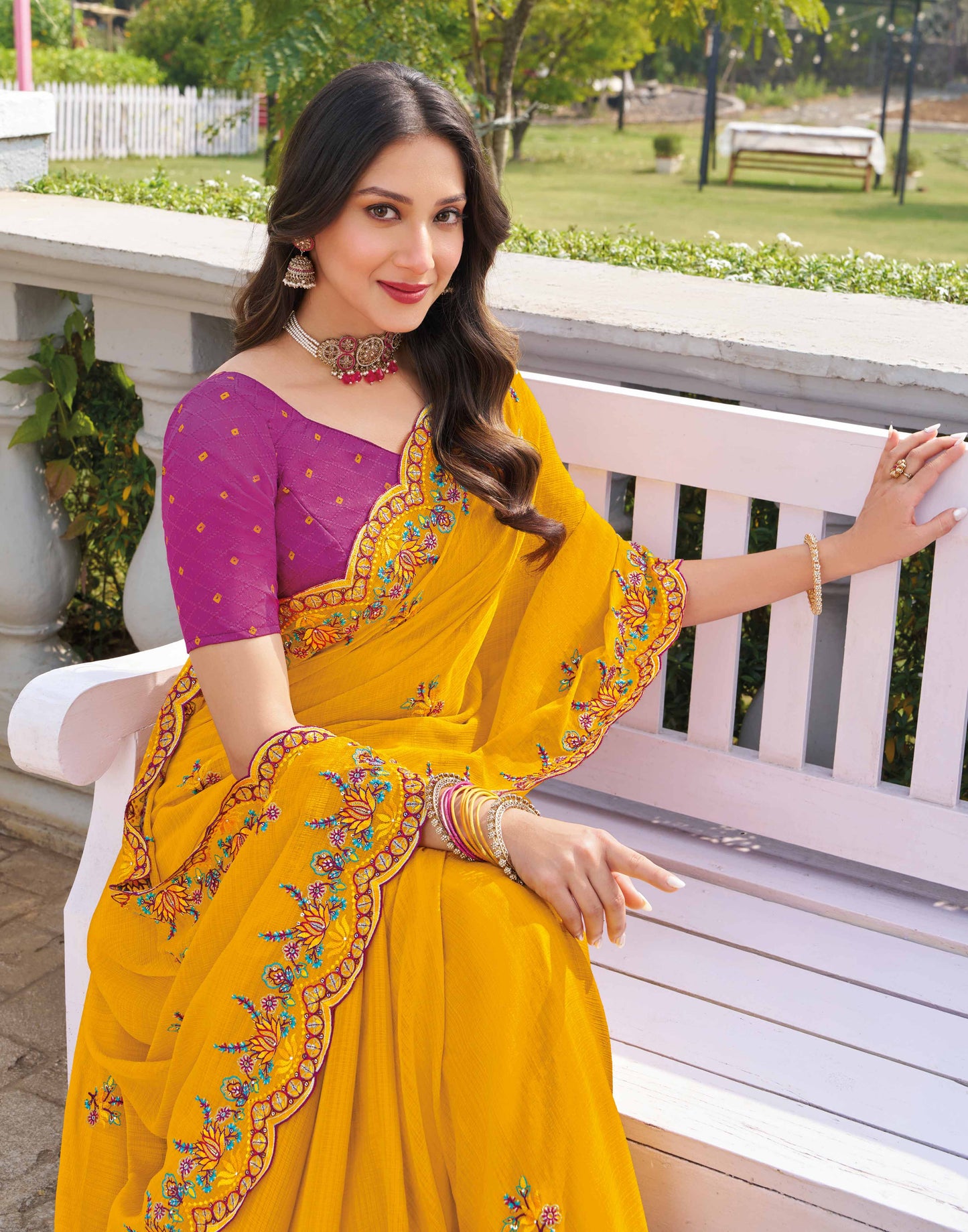 Laxmipati Makhan Malai Mustard Chiffon Floral Embroidered Saree