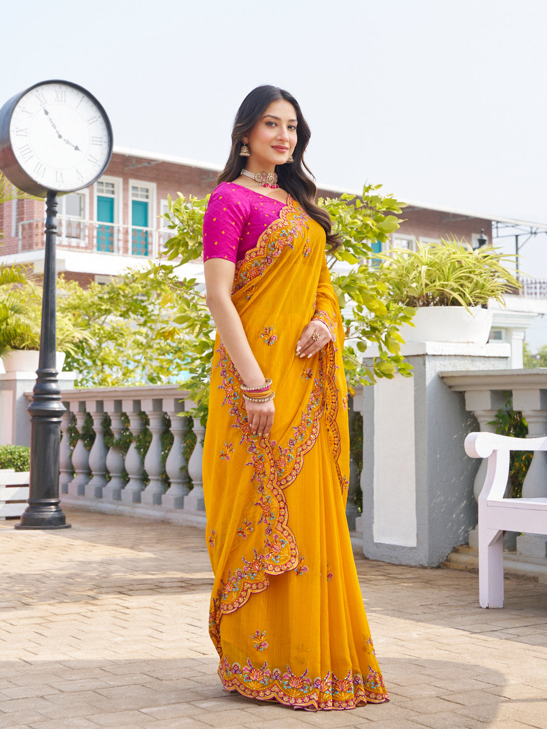 Laxmipati Makhan Malai Mustard Chiffon Floral Embroidered Saree