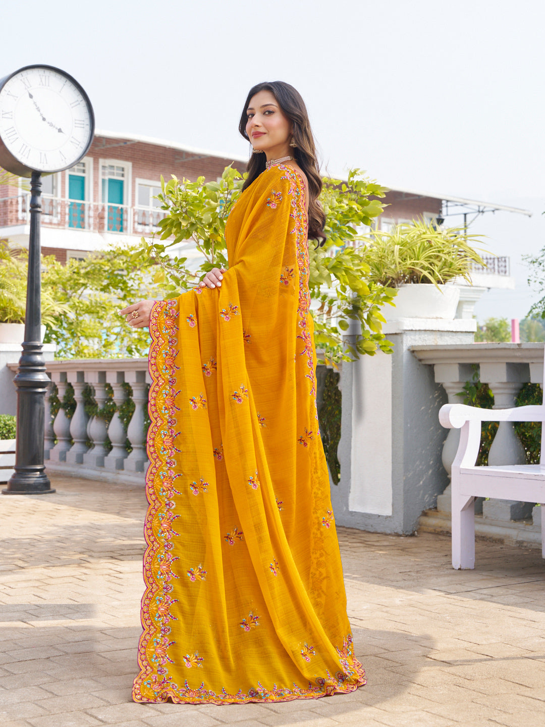 Laxmipati Makhan Malai Mustard Chiffon Floral Embroidered Saree