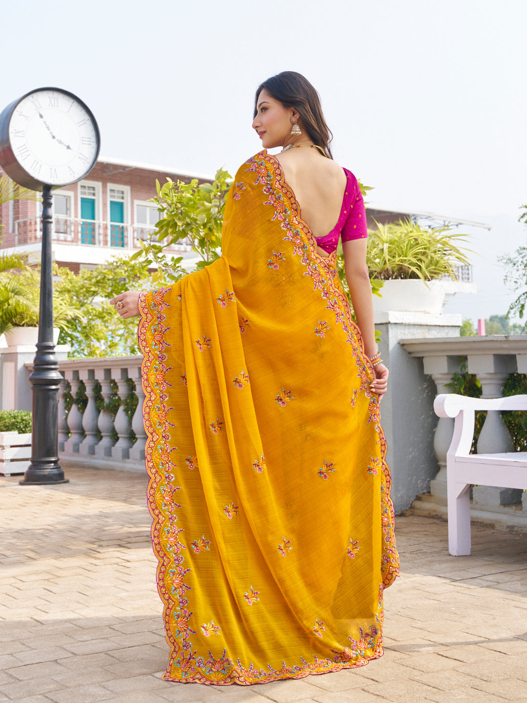 Laxmipati Makhan Malai Mustard Chiffon Floral Embroidered Saree