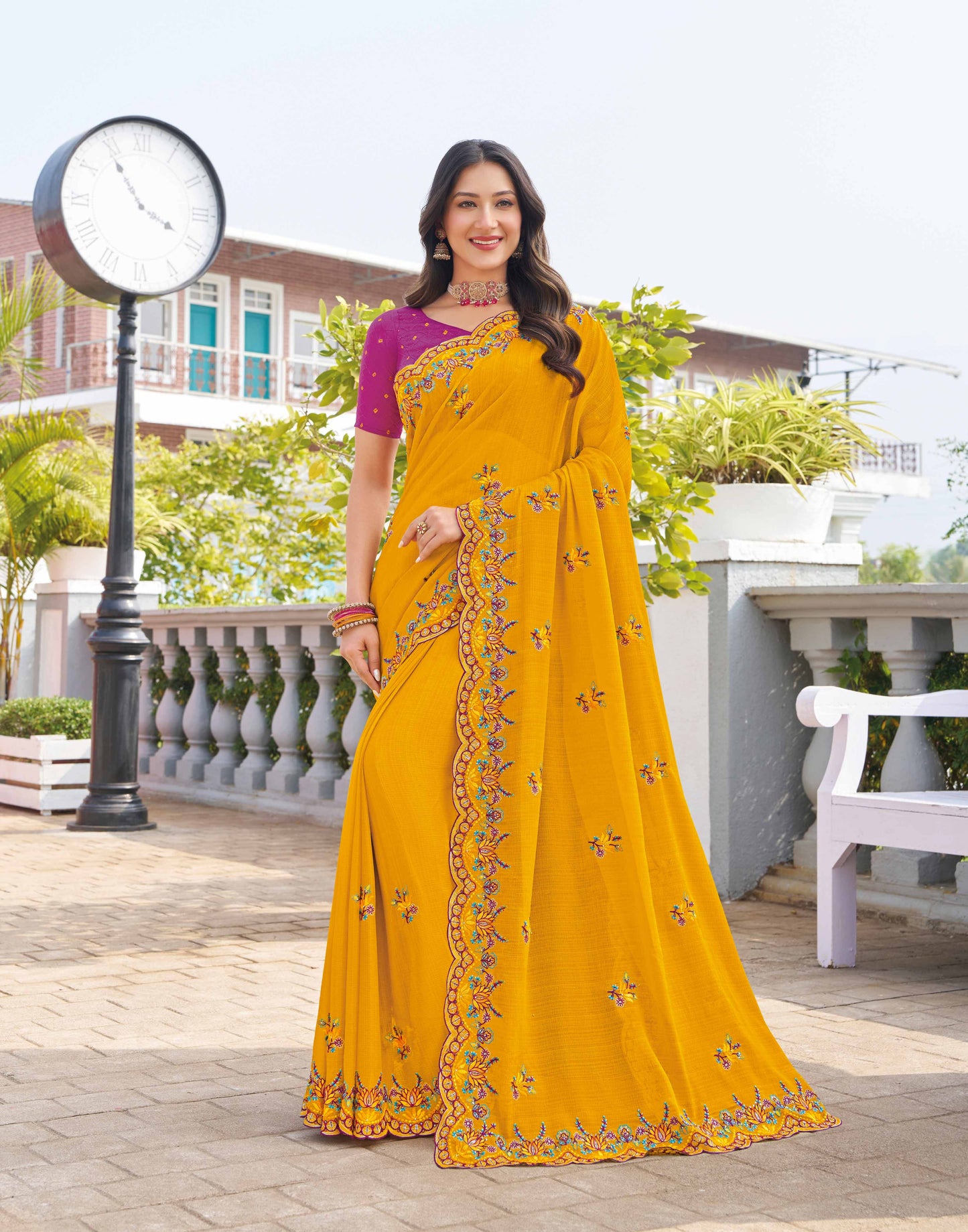 Laxmipati Makhan Malai Mustard Chiffon Floral Embroidered Saree
