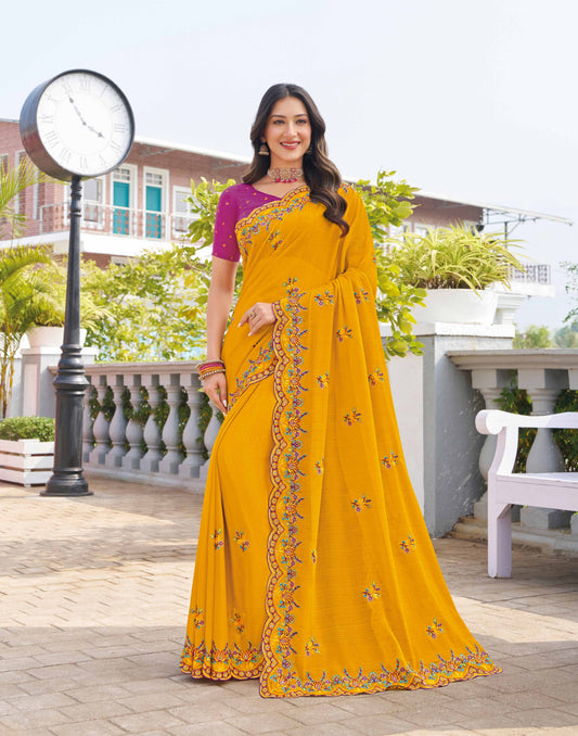 Laxmipati Makhan Malai Mustard Chiffon Floral Embroidered Saree