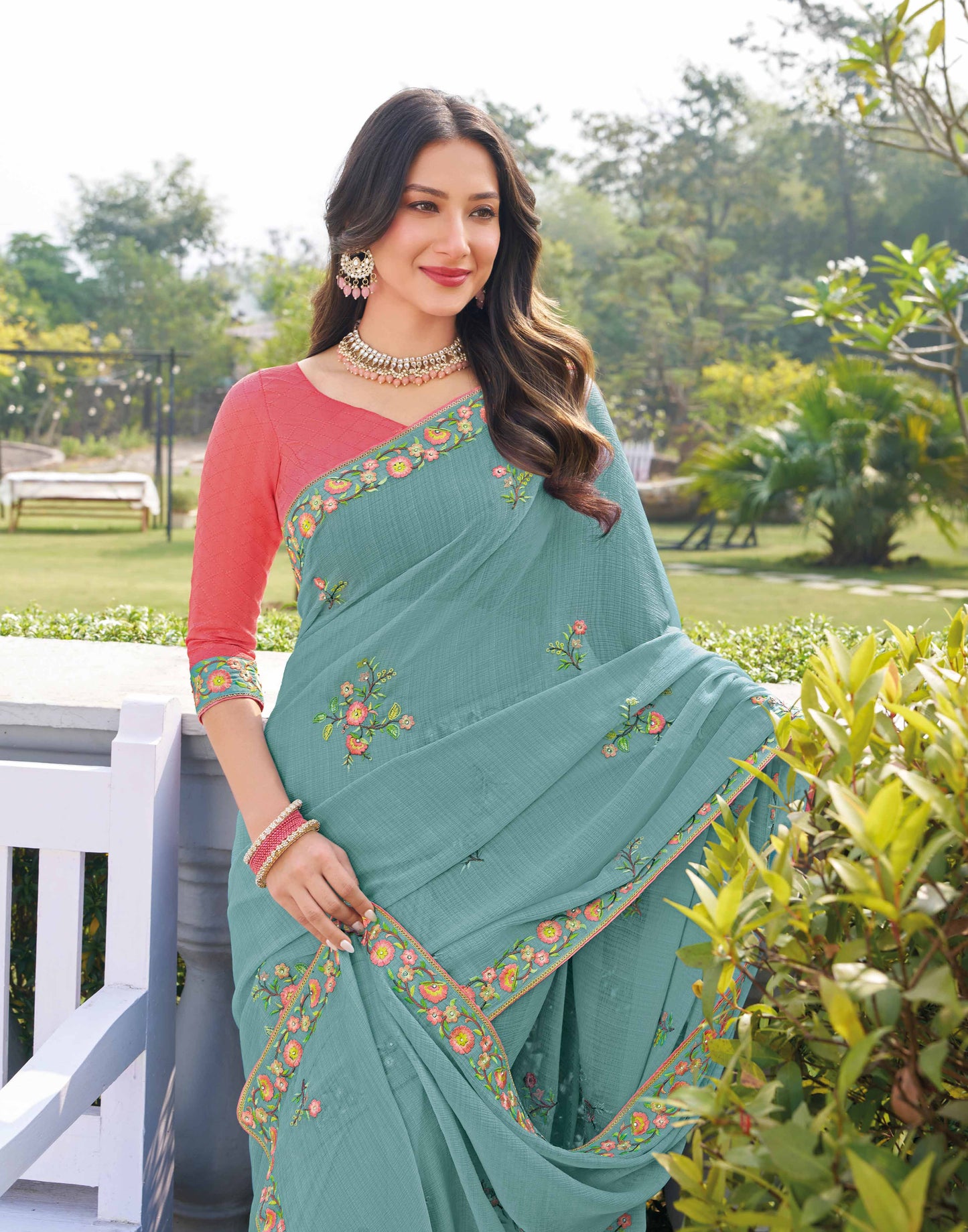 Laxmipati Makhan Malai Blue Chiffon Floral Embroidered Saree