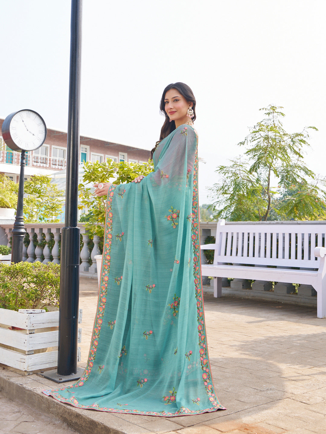 Laxmipati Makhan Malai Blue Chiffon Floral Embroidered Saree
