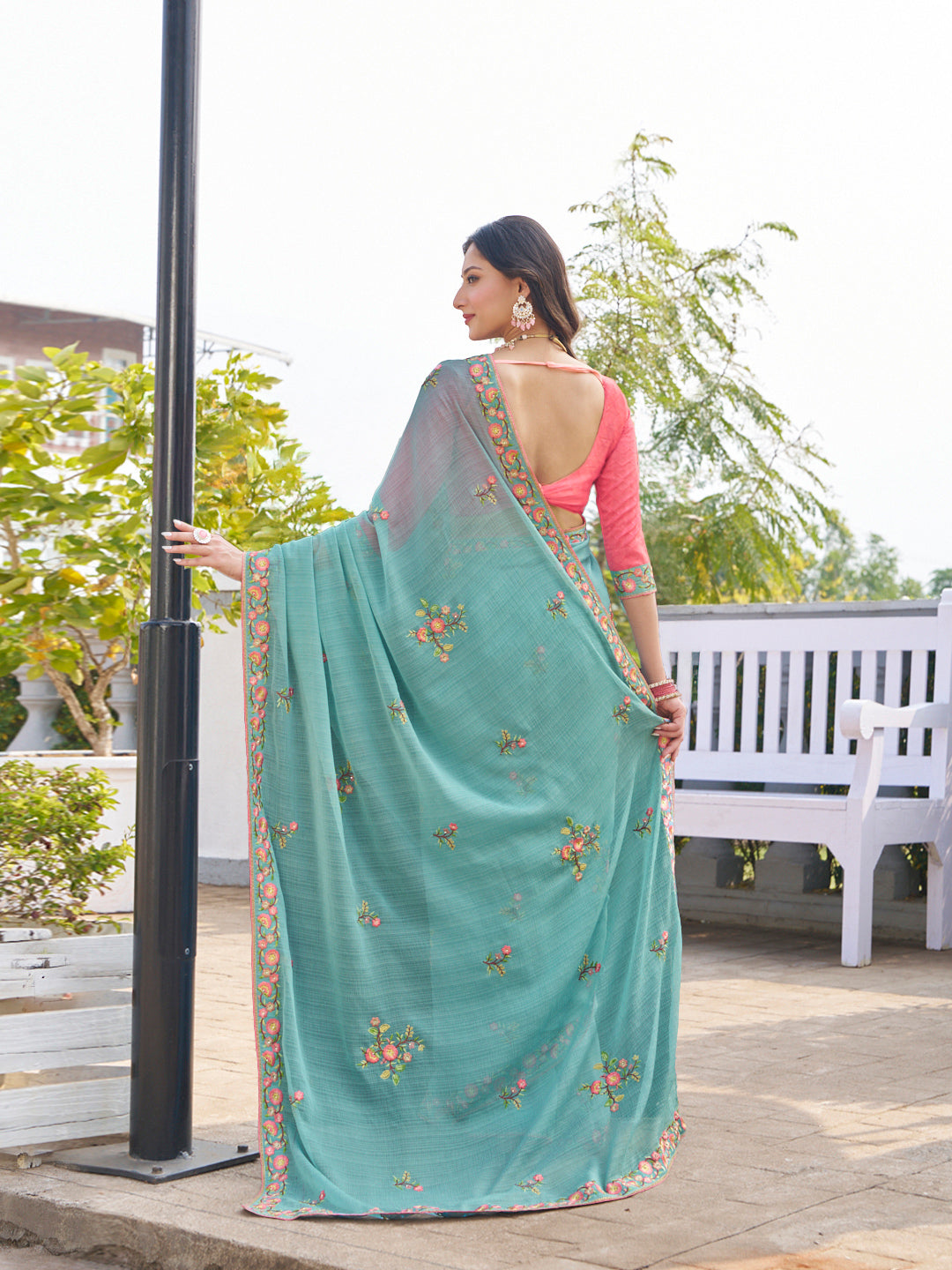 Laxmipati Makhan Malai Blue Chiffon Floral Embroidered Saree