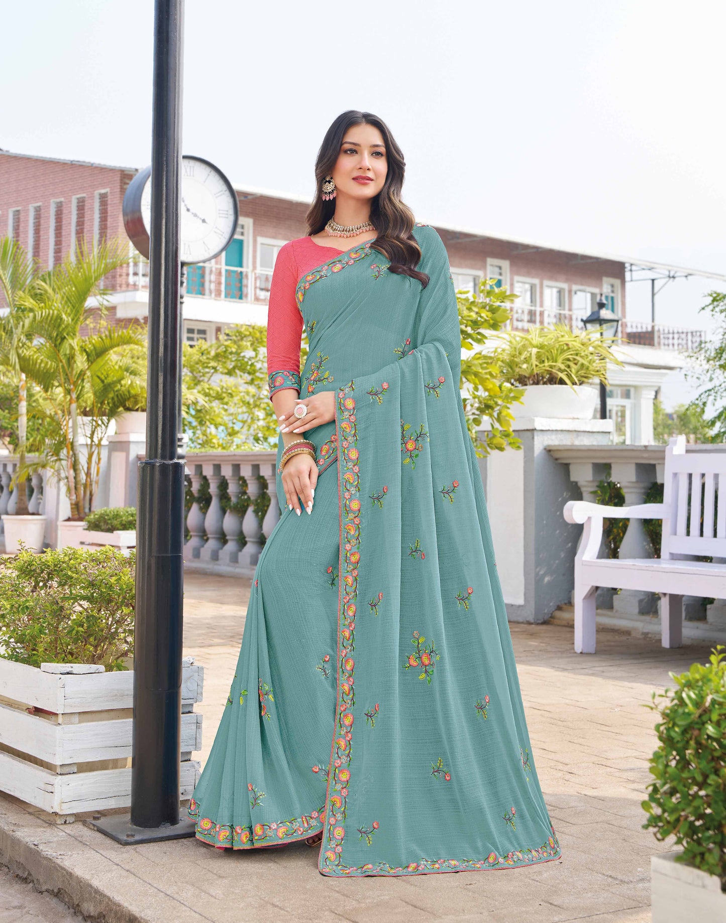 Laxmipati Makhan Malai Blue Chiffon Floral Embroidered Saree