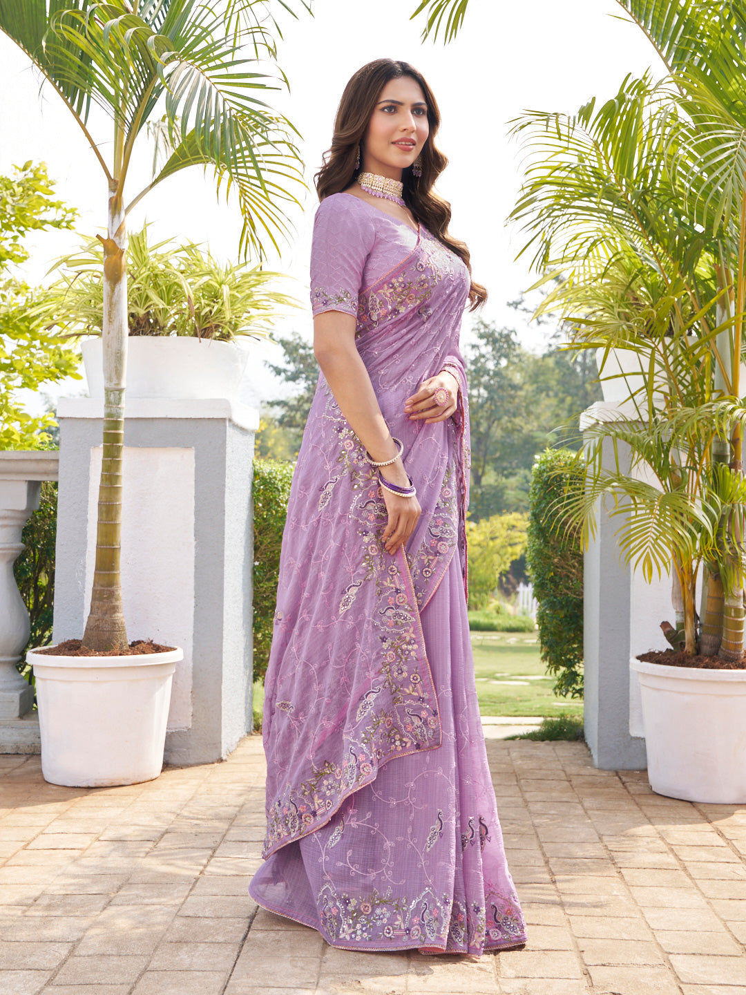 Laxmipati Makhan Malai Purple Chiffon Floral Embroidered Saree