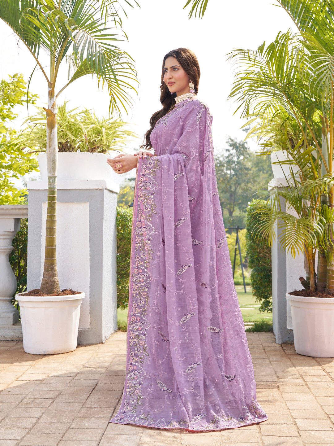 Laxmipati Makhan Malai Purple Chiffon Floral Embroidered Saree