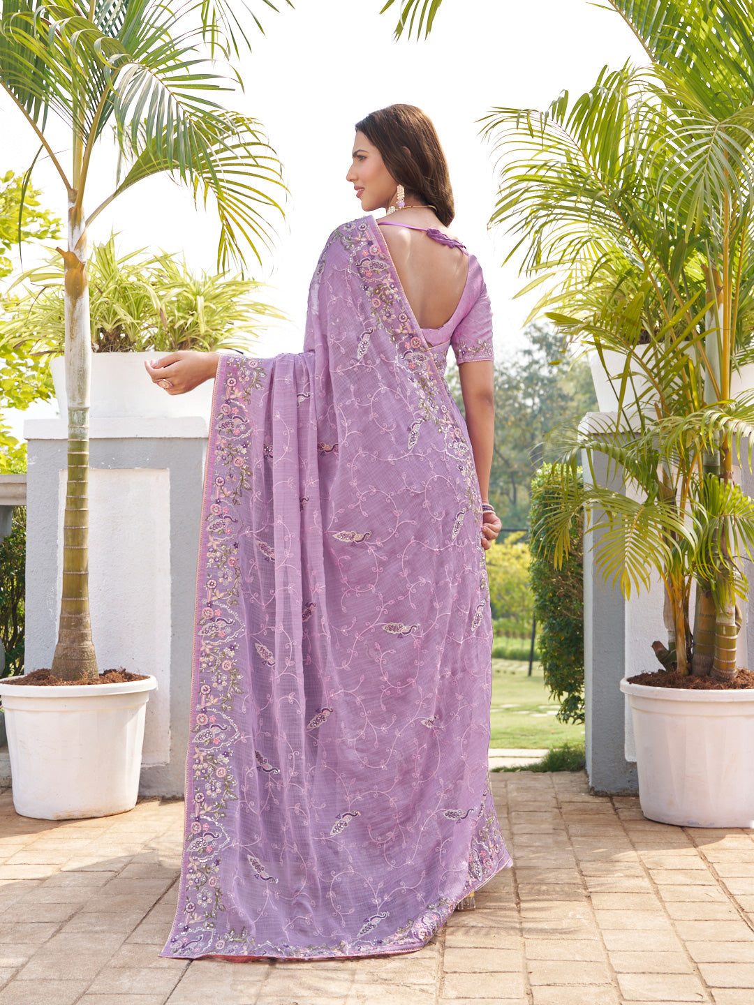 Laxmipati Makhan Malai Purple Chiffon Floral Embroidered Saree