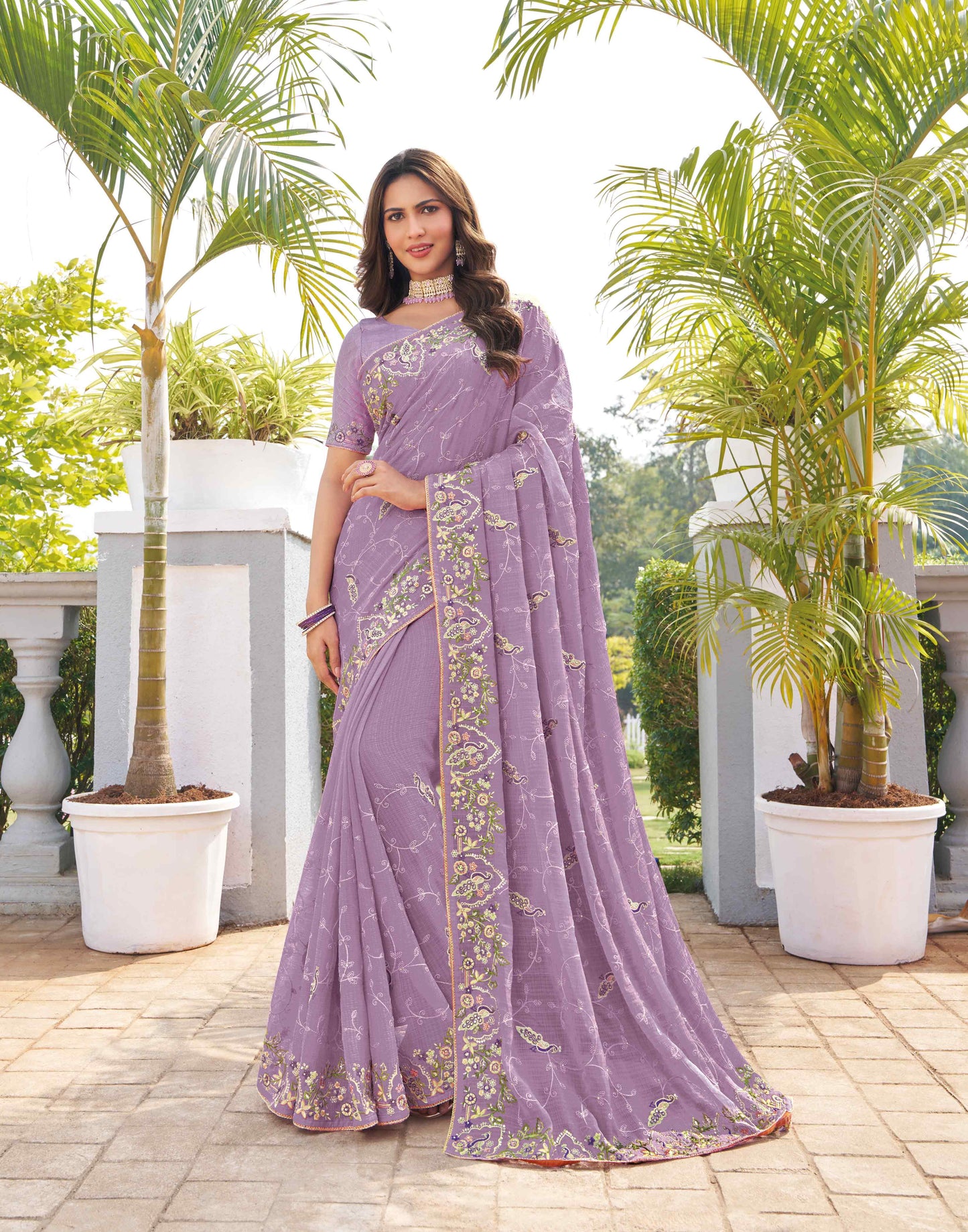 Laxmipati Makhan Malai Purple Chiffon Floral Embroidered Saree