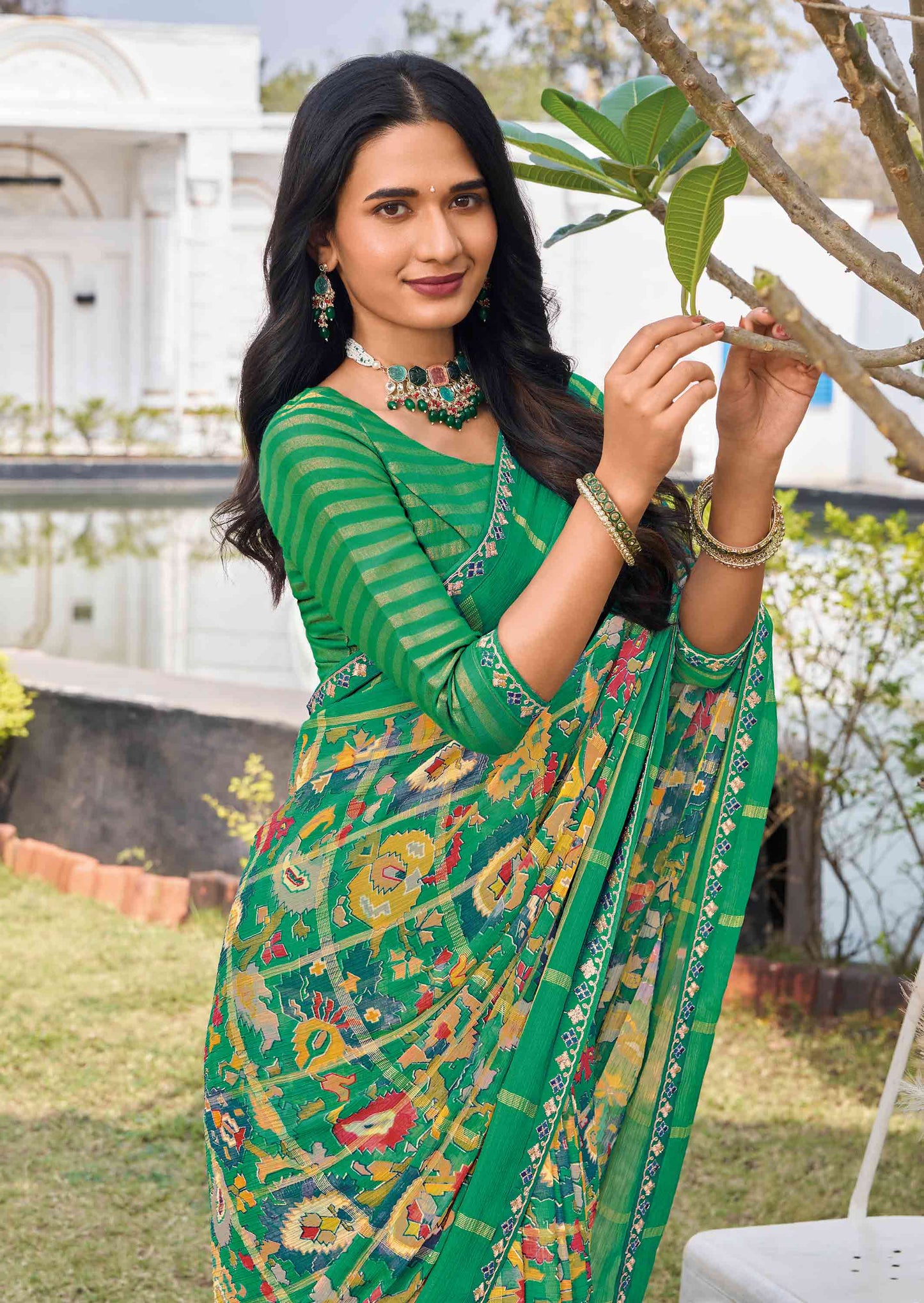 Laxmipati Ghazal Green Chiffon Floral Printed Saree
