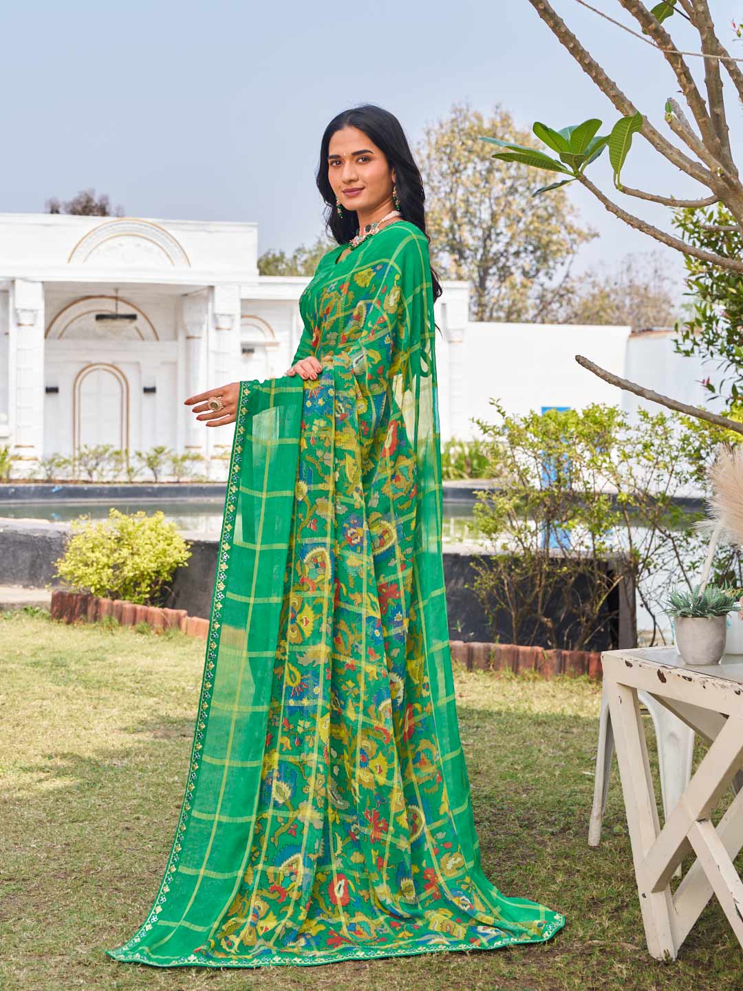 Laxmipati Ghazal Green Chiffon Floral Printed Saree