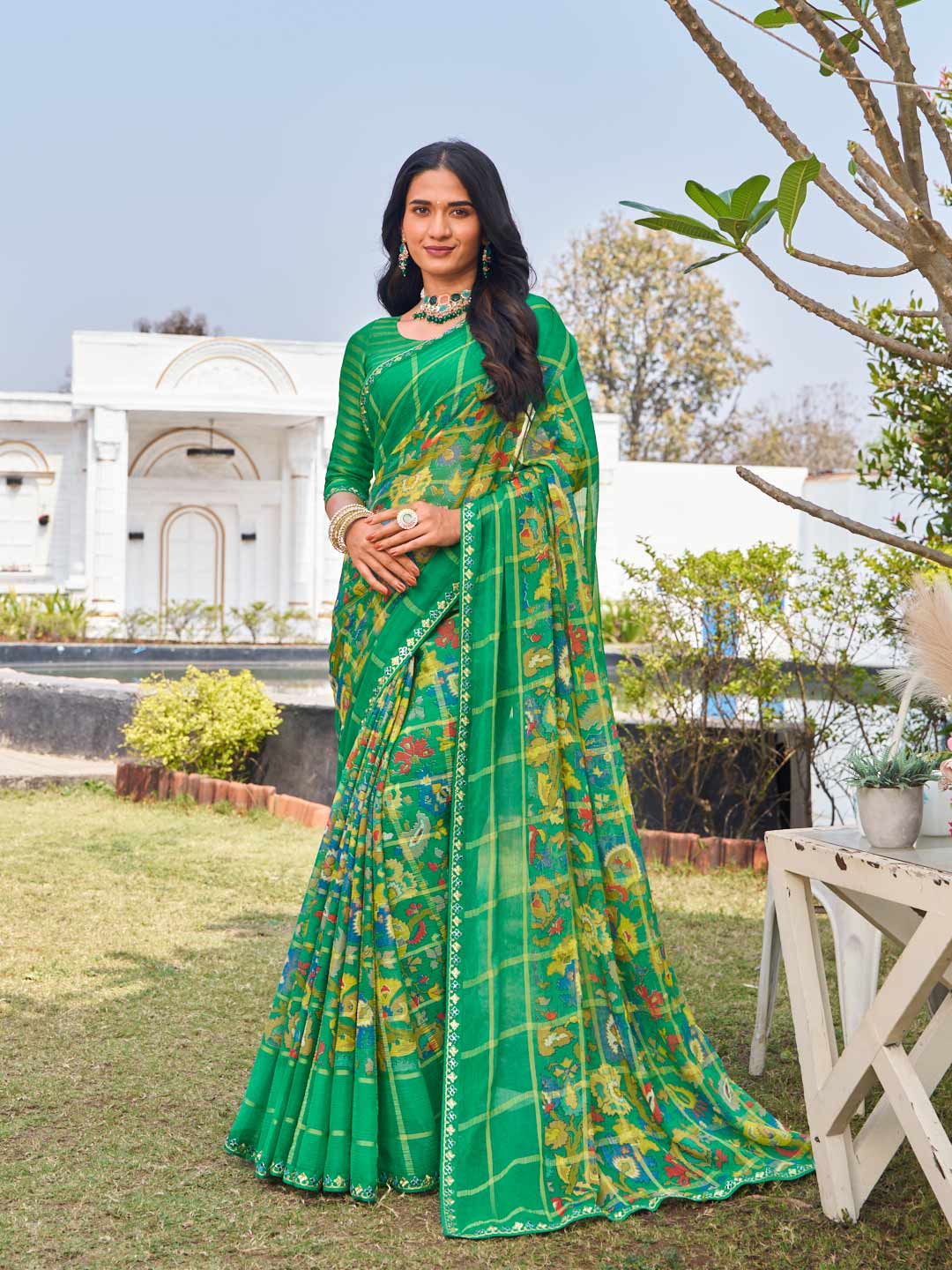 Laxmipati Ghazal Green Chiffon Floral Printed Saree