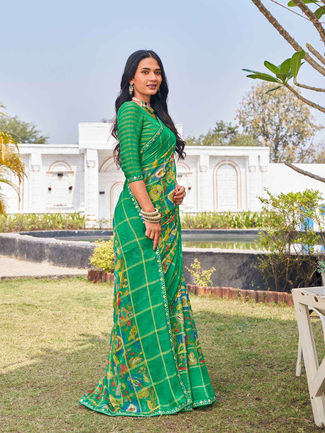 Laxmipati Ghazal Green Chiffon Floral Printed Saree