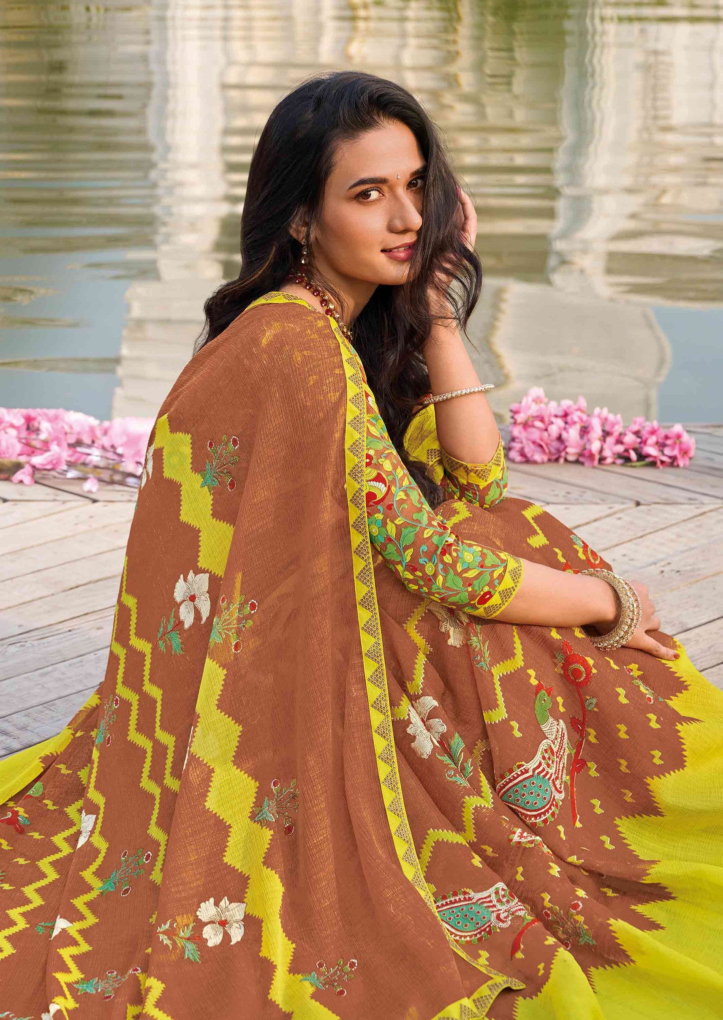 Laxmipati Ghazal Brown Chiffon Floral Printed Saree