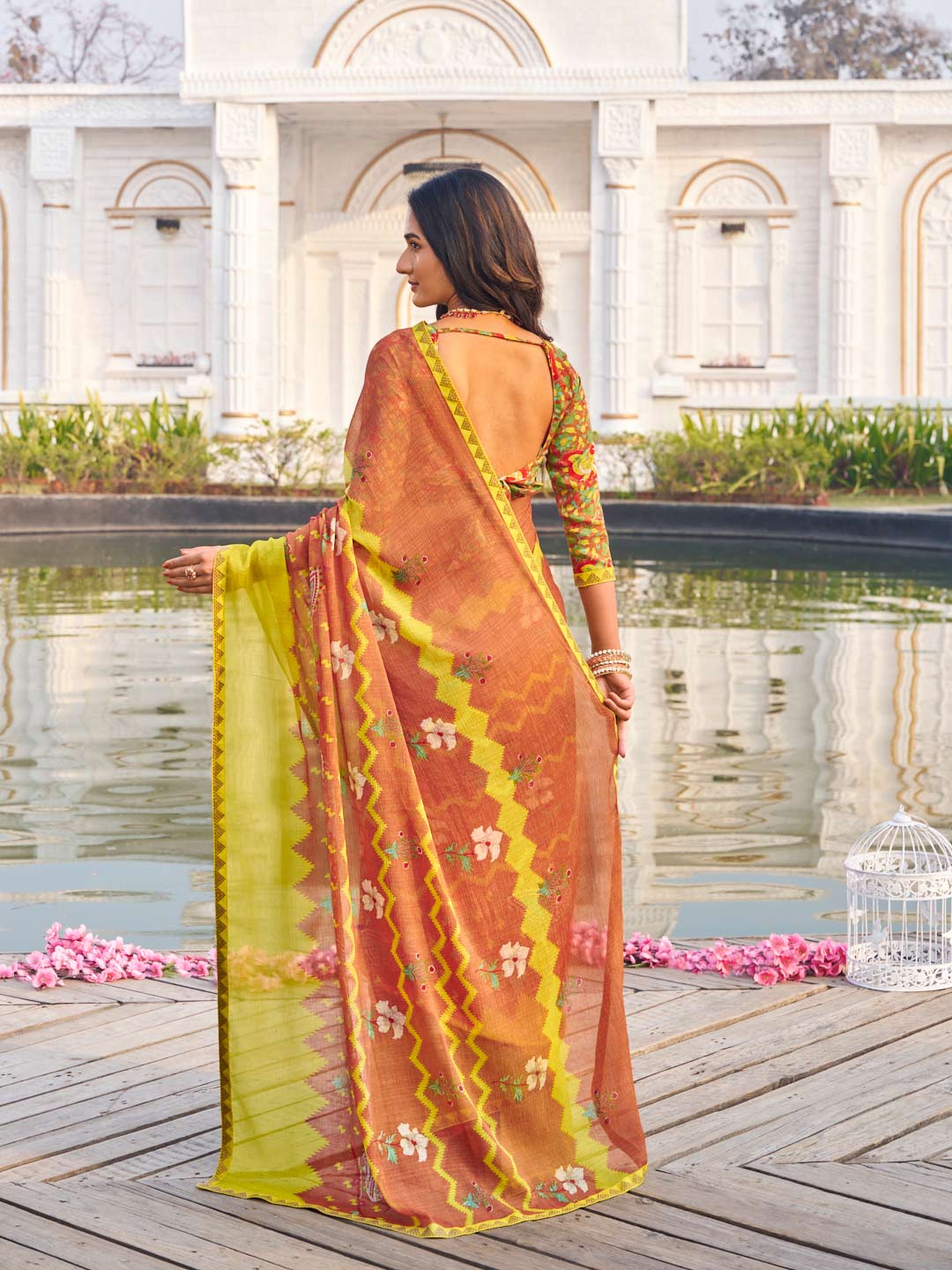 Laxmipati Ghazal Brown Chiffon Floral Printed Saree