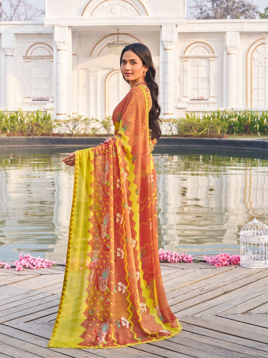 Laxmipati Ghazal Brown Chiffon Floral Printed Saree