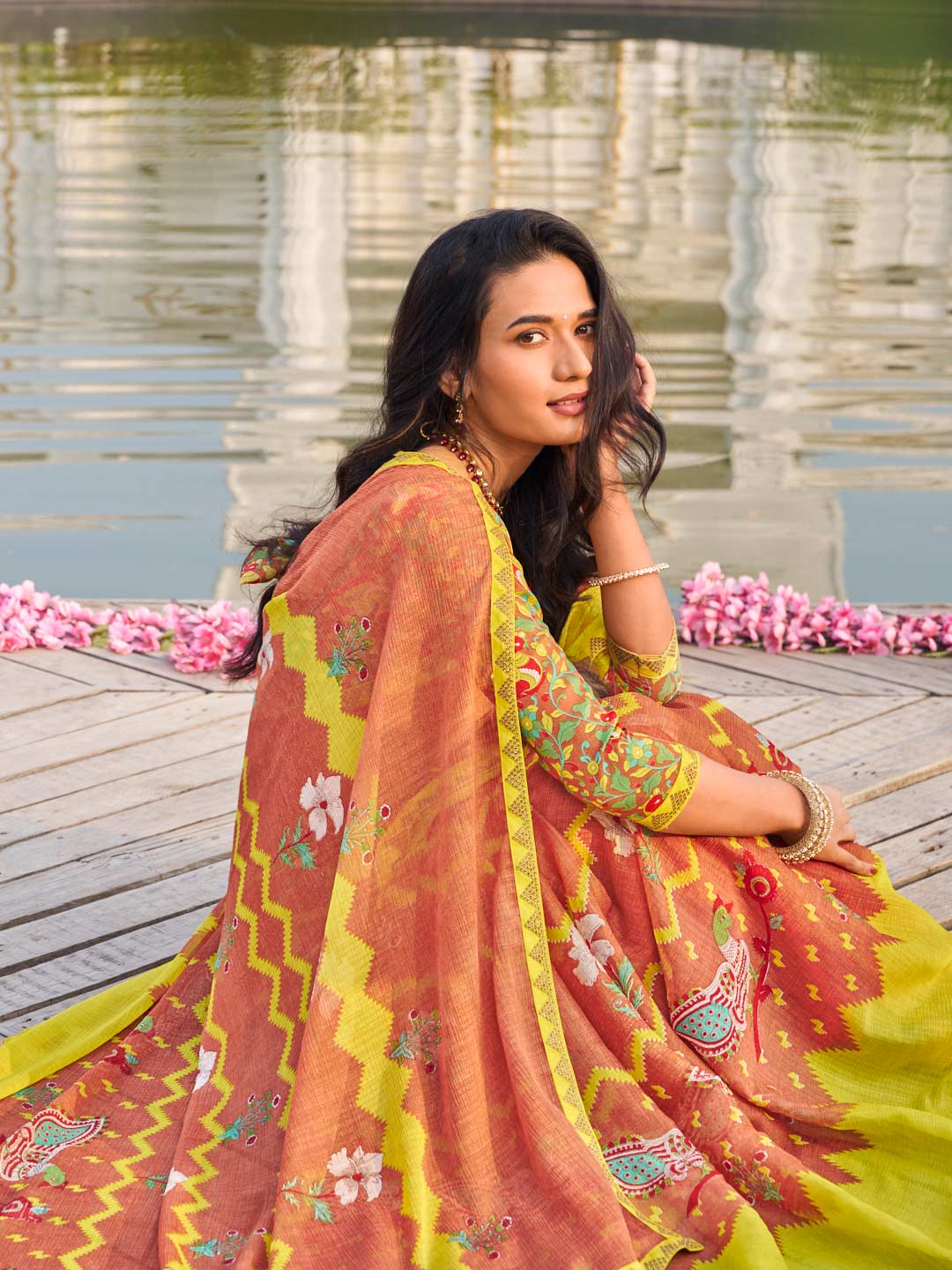Laxmipati Ghazal Brown Chiffon Floral Printed Saree