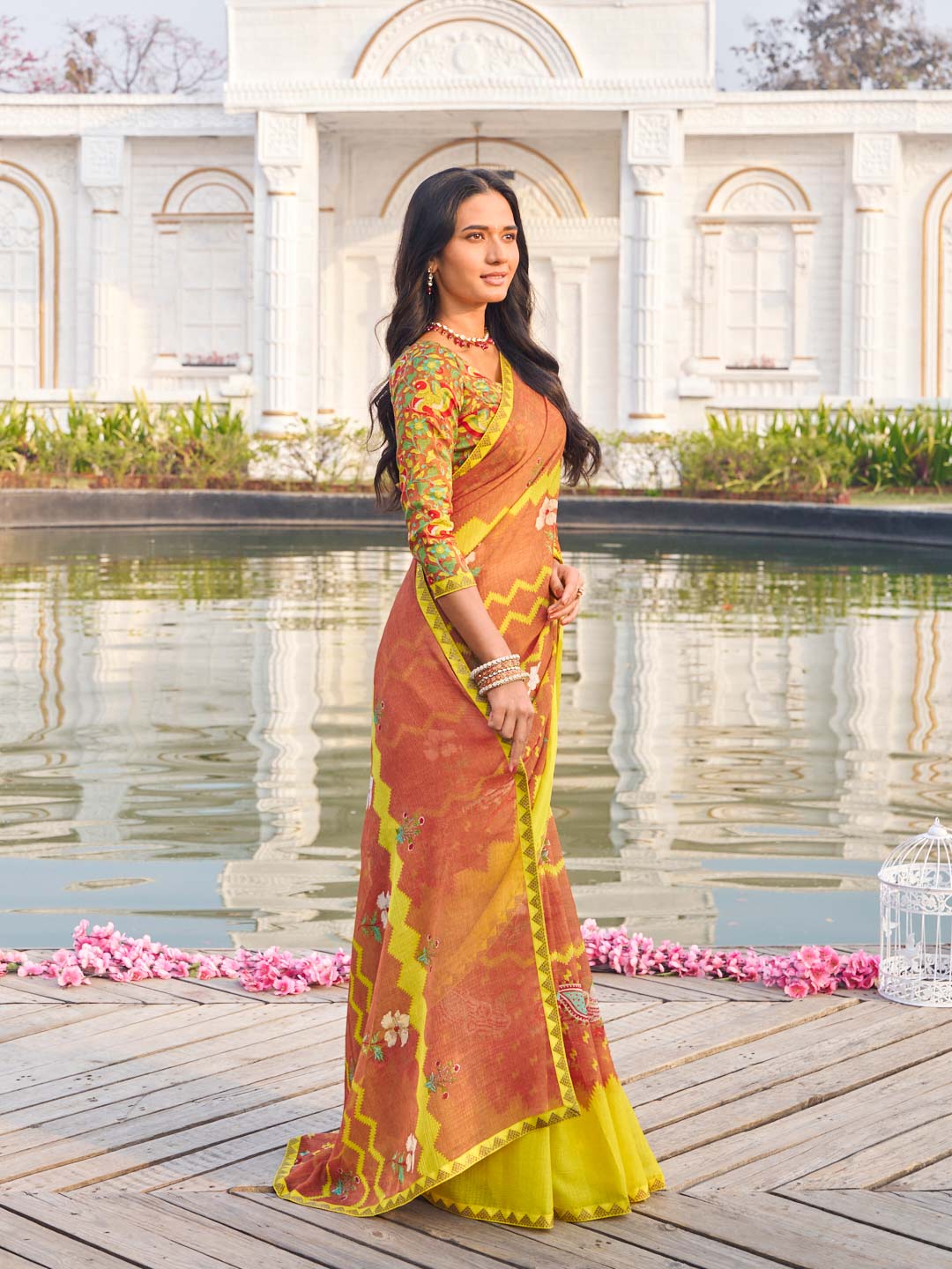Laxmipati Ghazal Brown Chiffon Floral Printed Saree