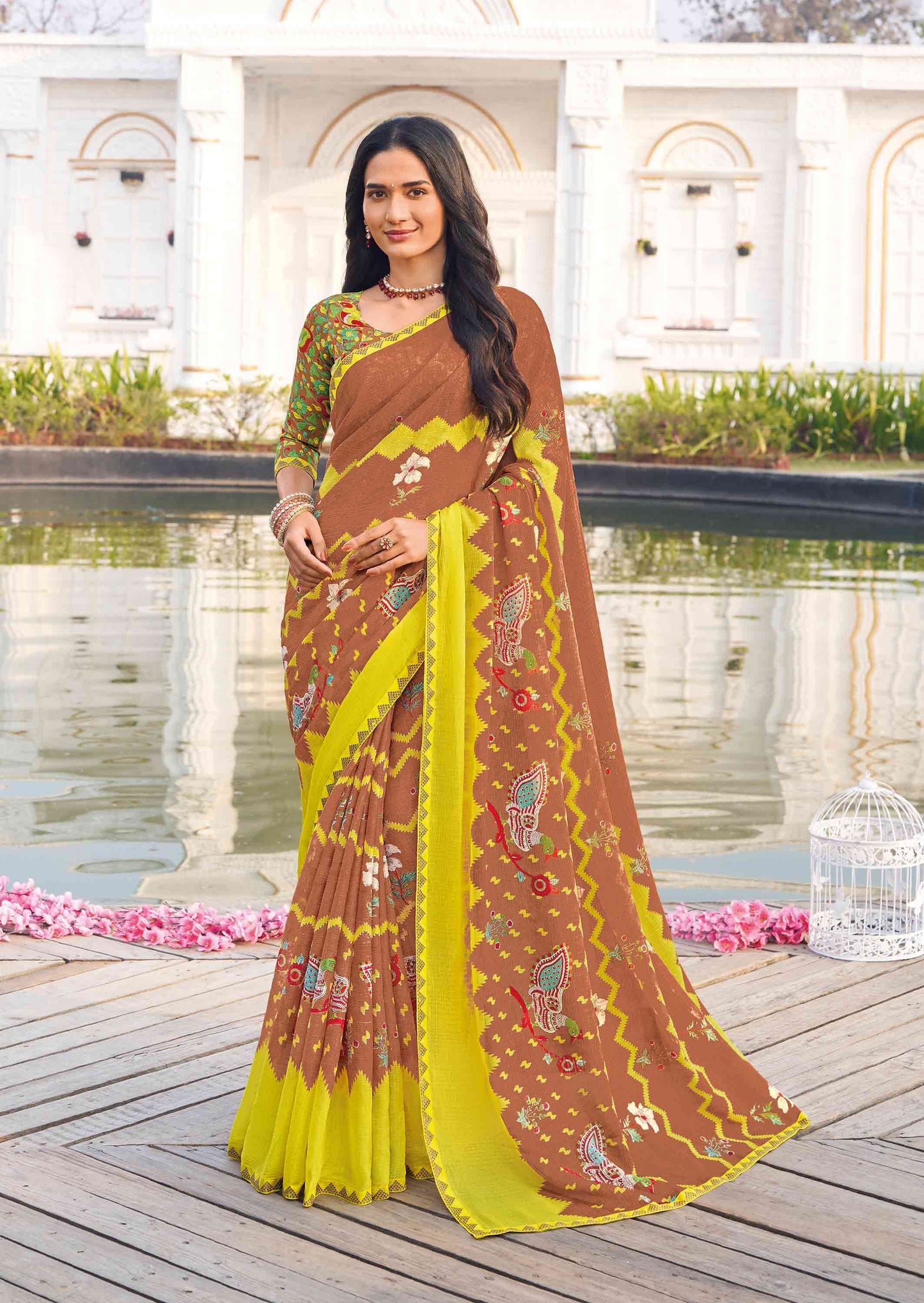 Laxmipati Ghazal Brown Chiffon Floral Printed Saree