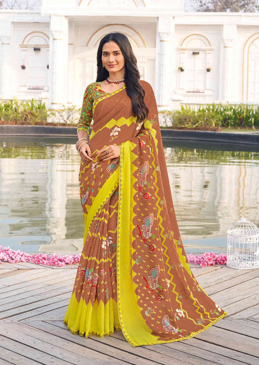 Laxmipati Ghazal Brown Chiffon Floral Printed Saree