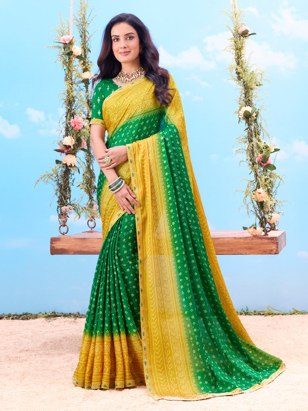 Laxmipati Jhula Green Chiffon Floral Print Printed Saree
