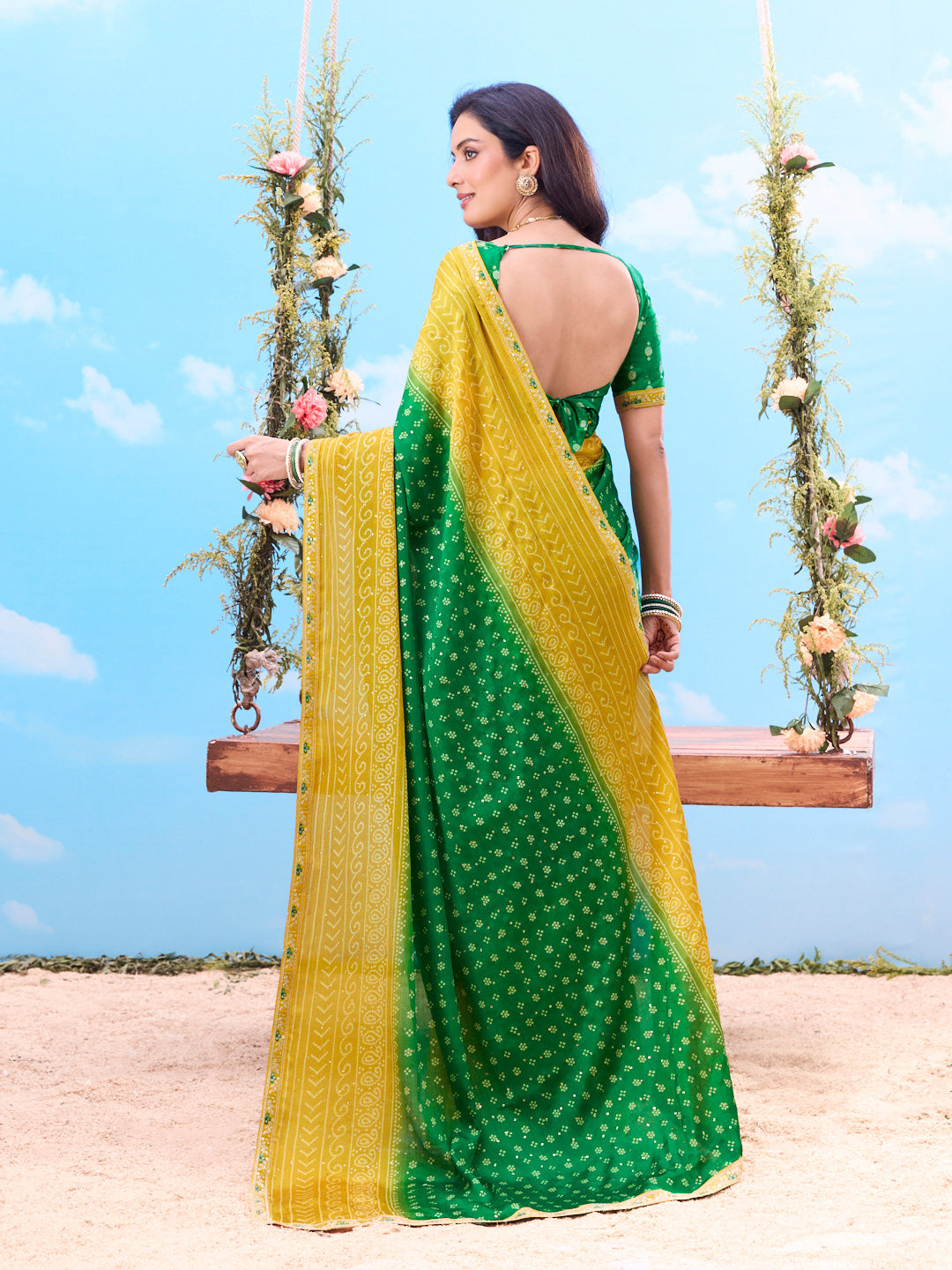 Laxmipati Jhula Green Chiffon Floral Print Printed Saree