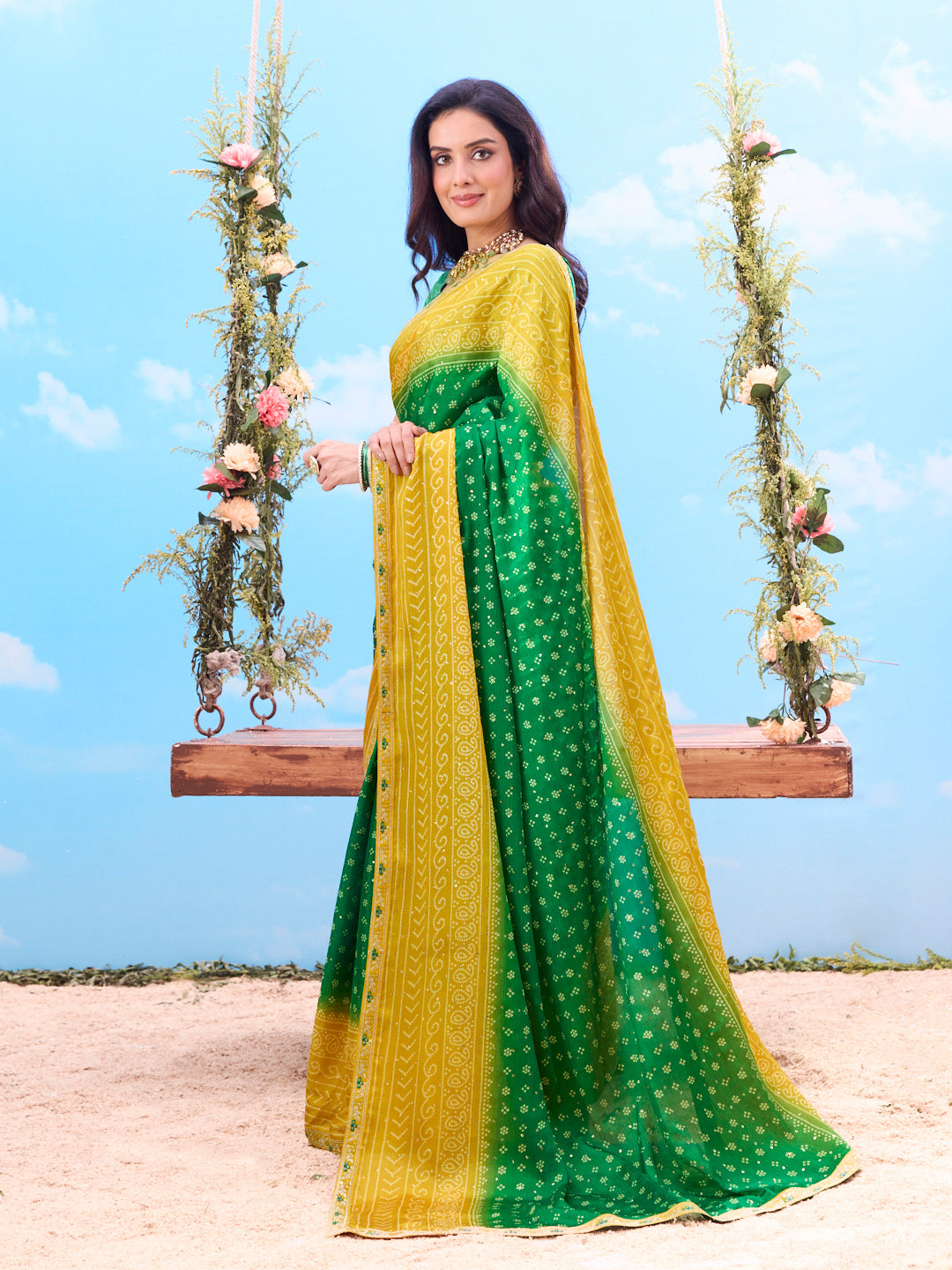 Laxmipati Jhula Green Chiffon Floral Print Printed Saree