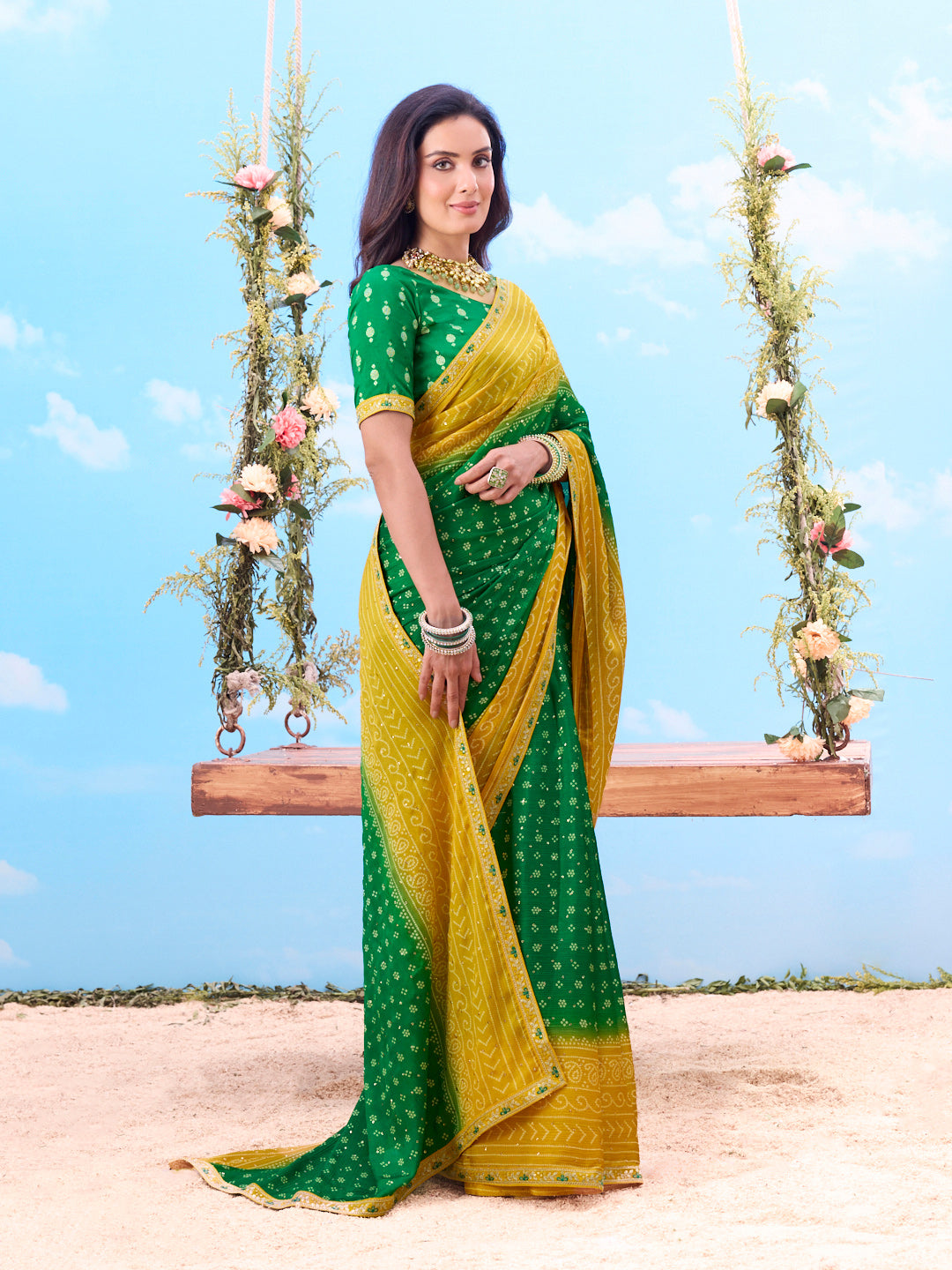 Laxmipati Jhula Green Chiffon Floral Print Printed Saree