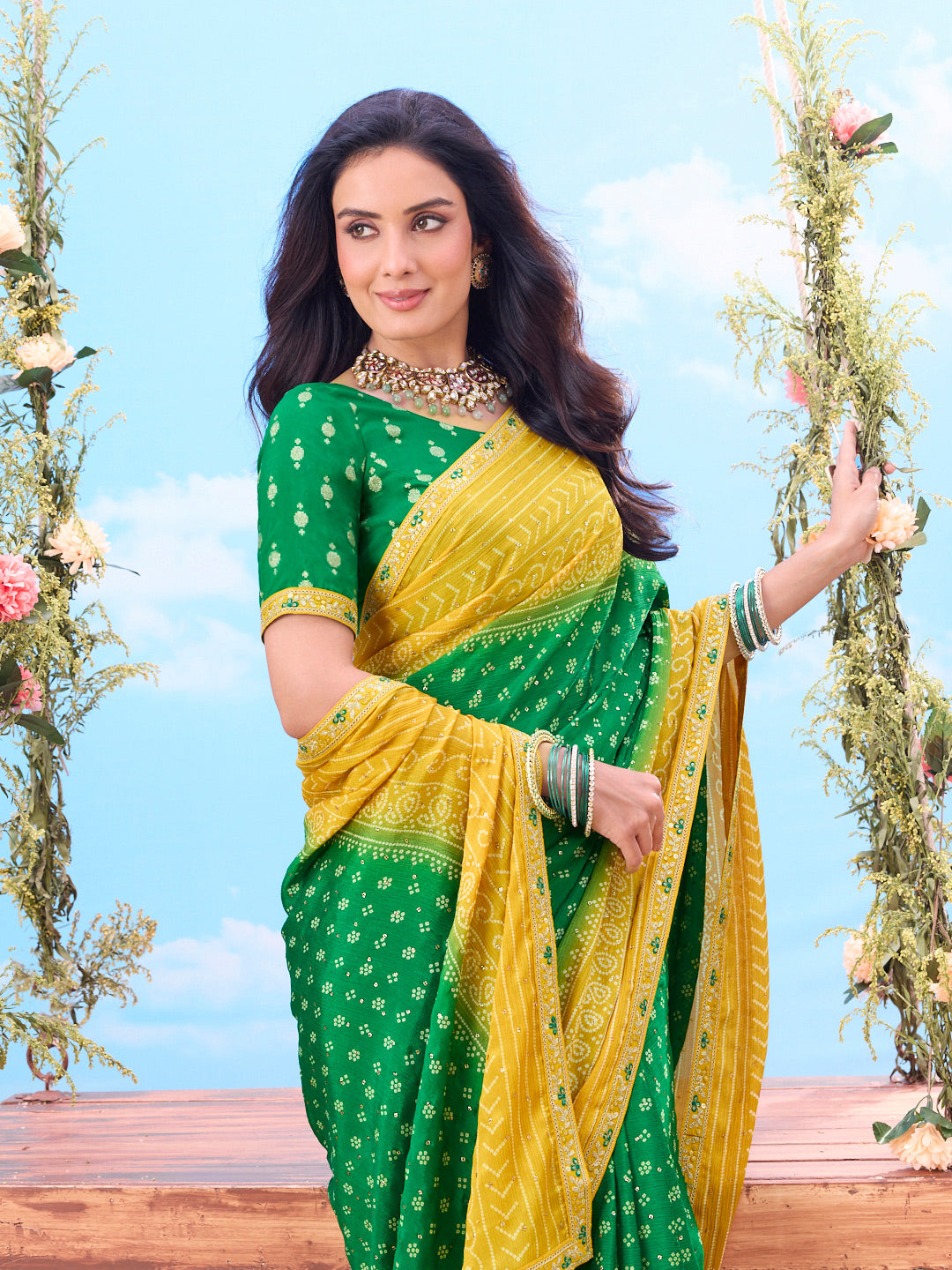 Laxmipati Jhula Green Chiffon Floral Print Printed Saree