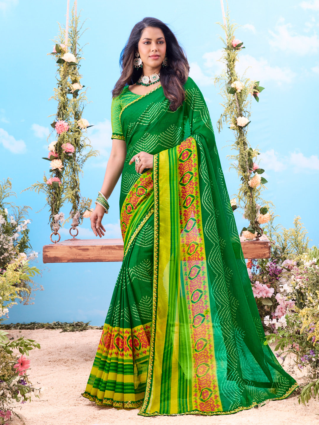 Laxmipati Jhula Green Chiffon Floral Printed Saree
