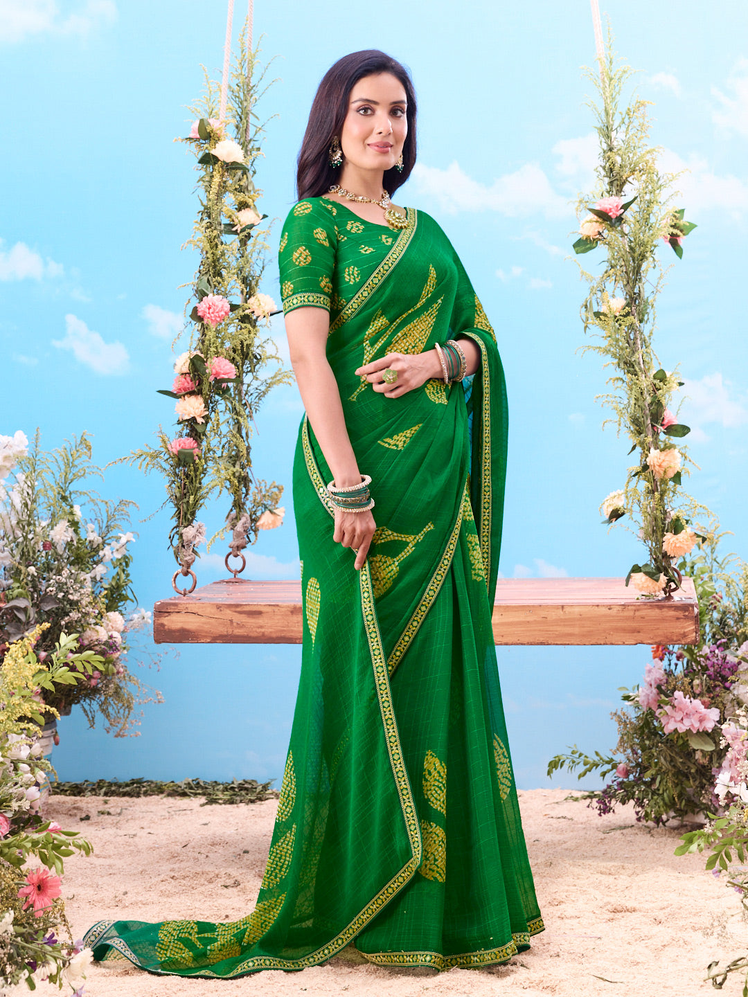 Laxmipati Jhula Green Chiffon Floral Printed Saree