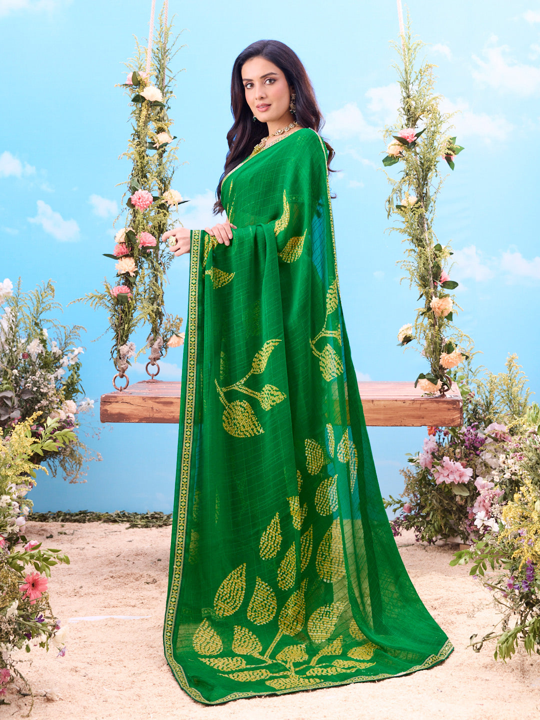 Laxmipati Jhula Green Chiffon Floral Printed Saree