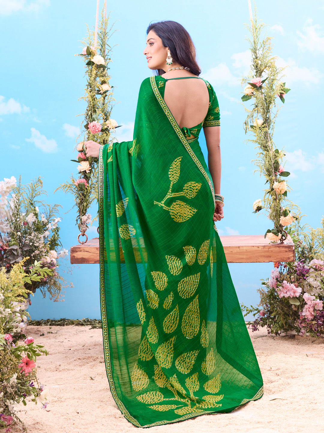 Laxmipati Jhula Green Chiffon Floral Printed Saree