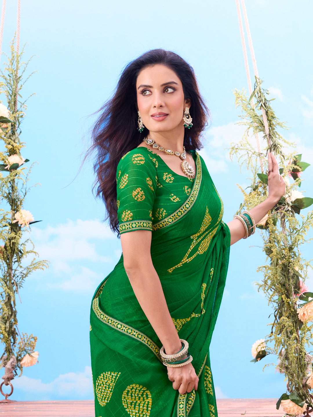 Laxmipati Jhula Green Chiffon Floral Printed Saree