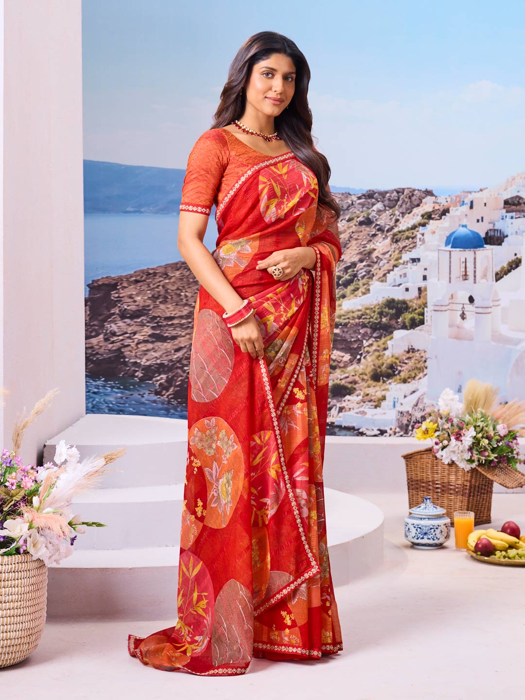 Laxmipati Nazar Red Chiffon Floral Printed Saree