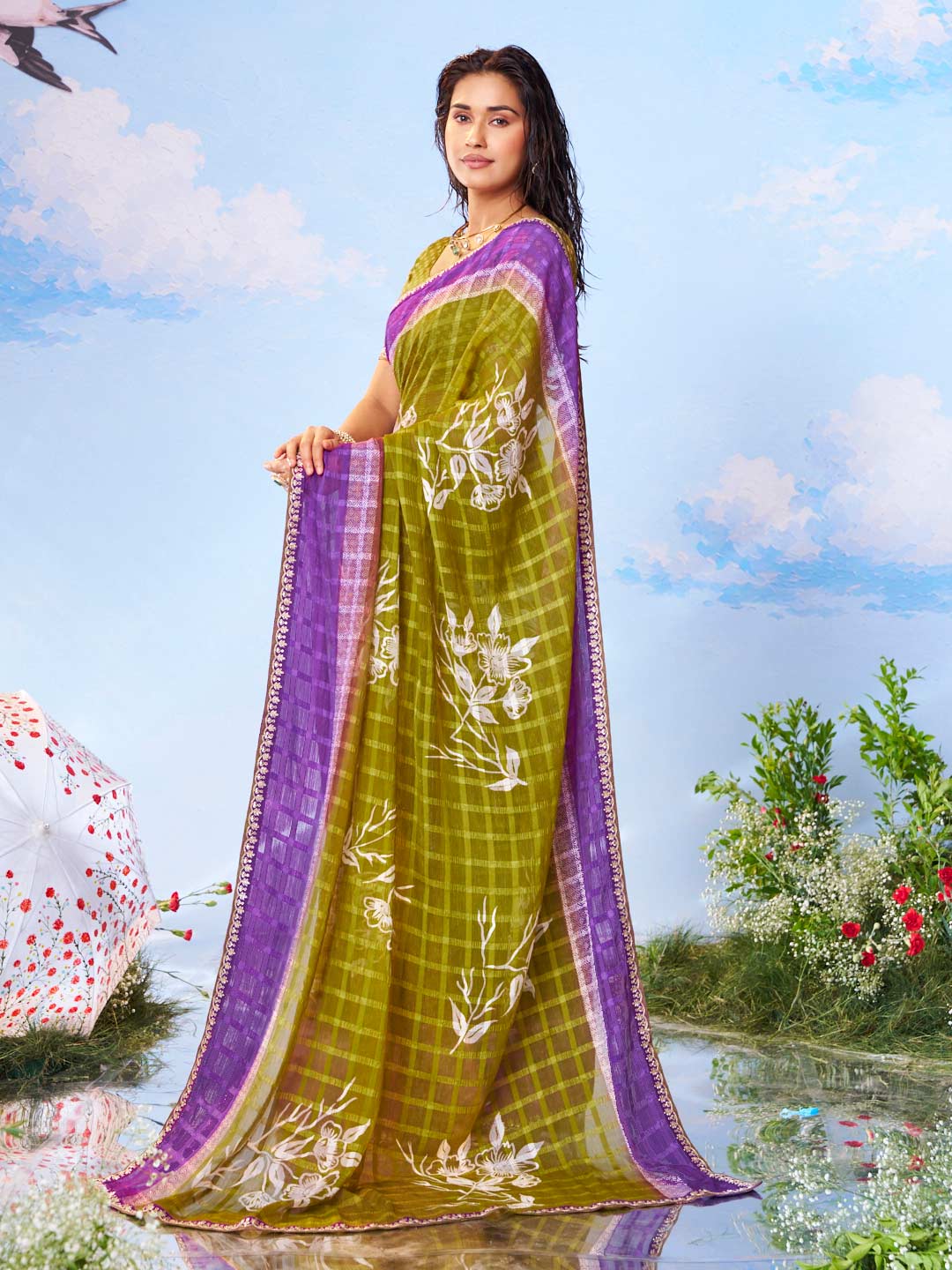 Laxmipati Andaaz Olive Green Chiffon Floral Printed Saree