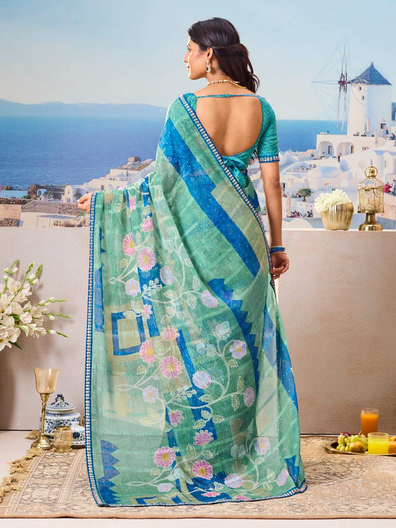 Laxmipati Nazar Blue Chiffon Floral Printed Saree