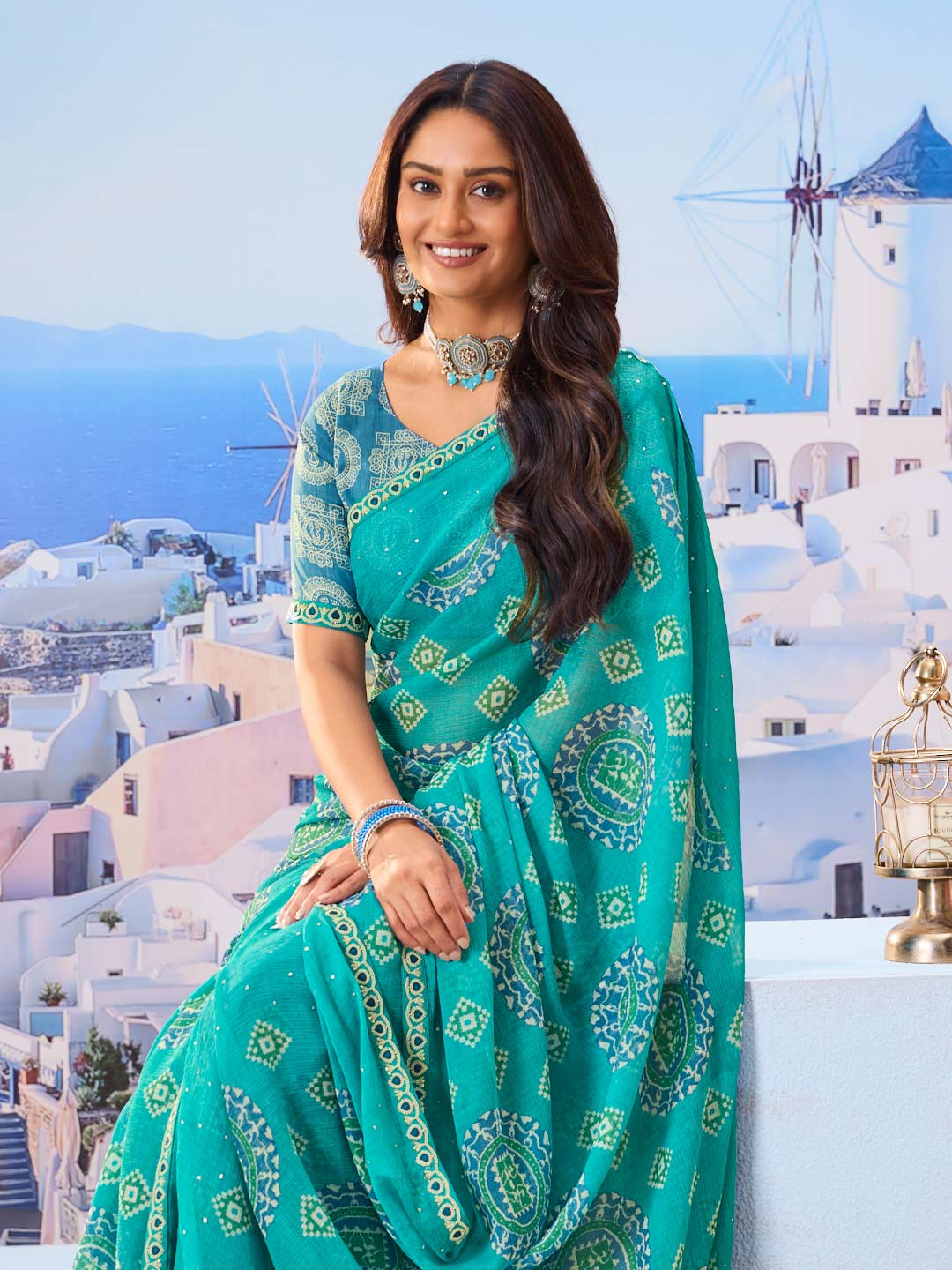 Laxmipati Nazar Blue Chiffon Floral Printed Saree