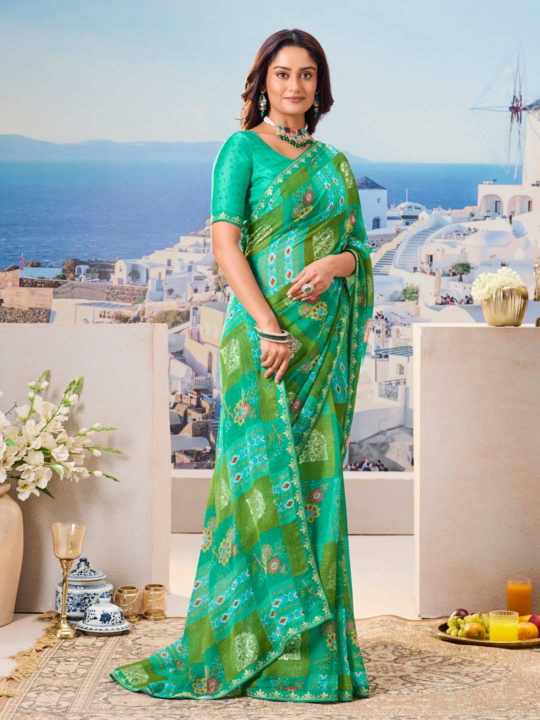 Laxmipati Nazar Green Chiffon Floral Printed Saree