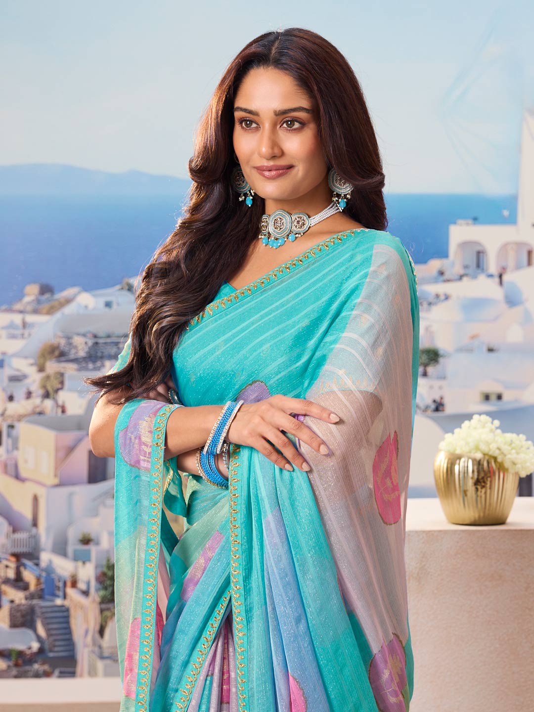 Laxmipati Nazar Blue Chiffon Floral Printed Saree