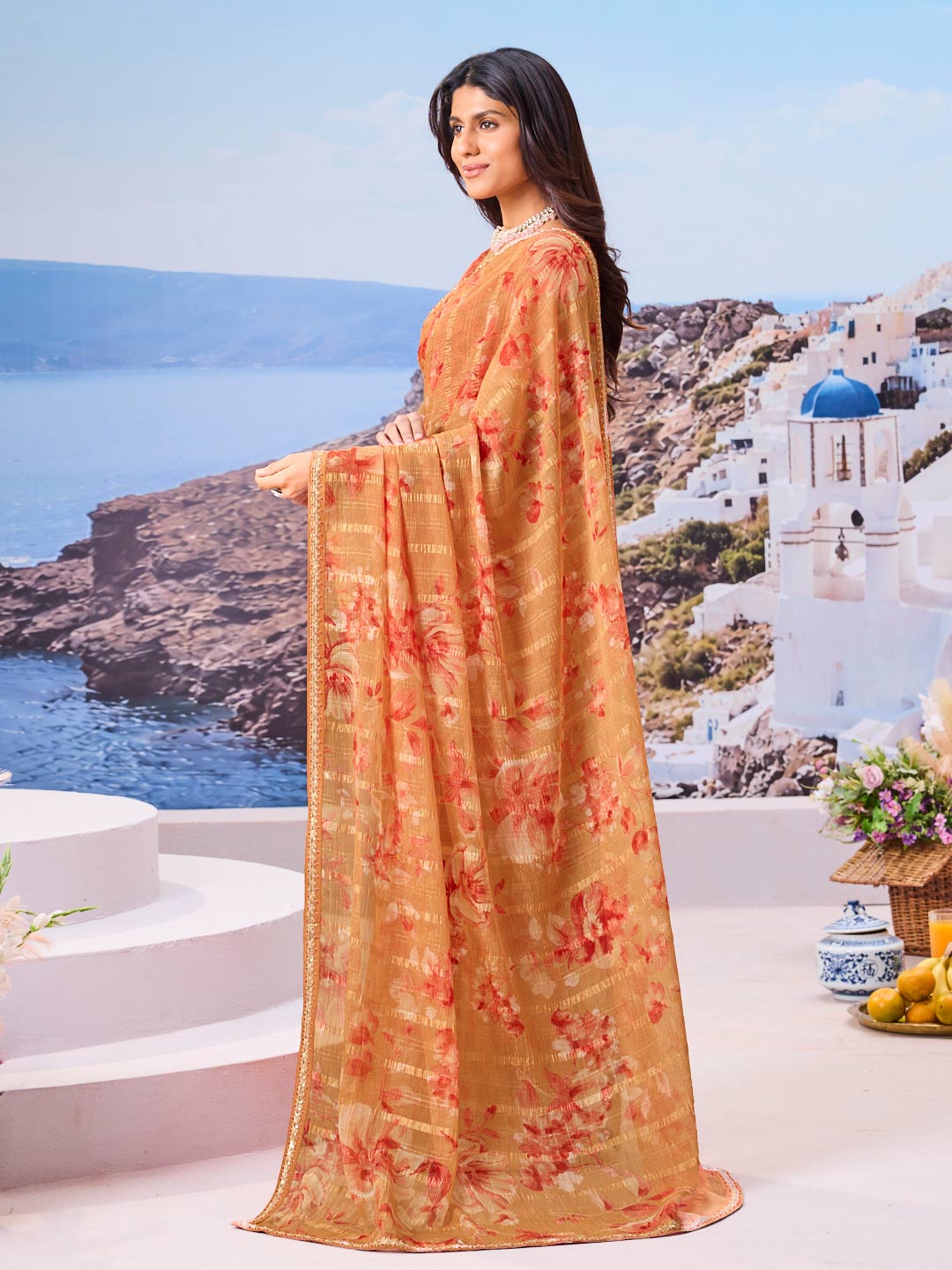 Laxmipati Nazar Brown Chiffon Floral Printed Saree
