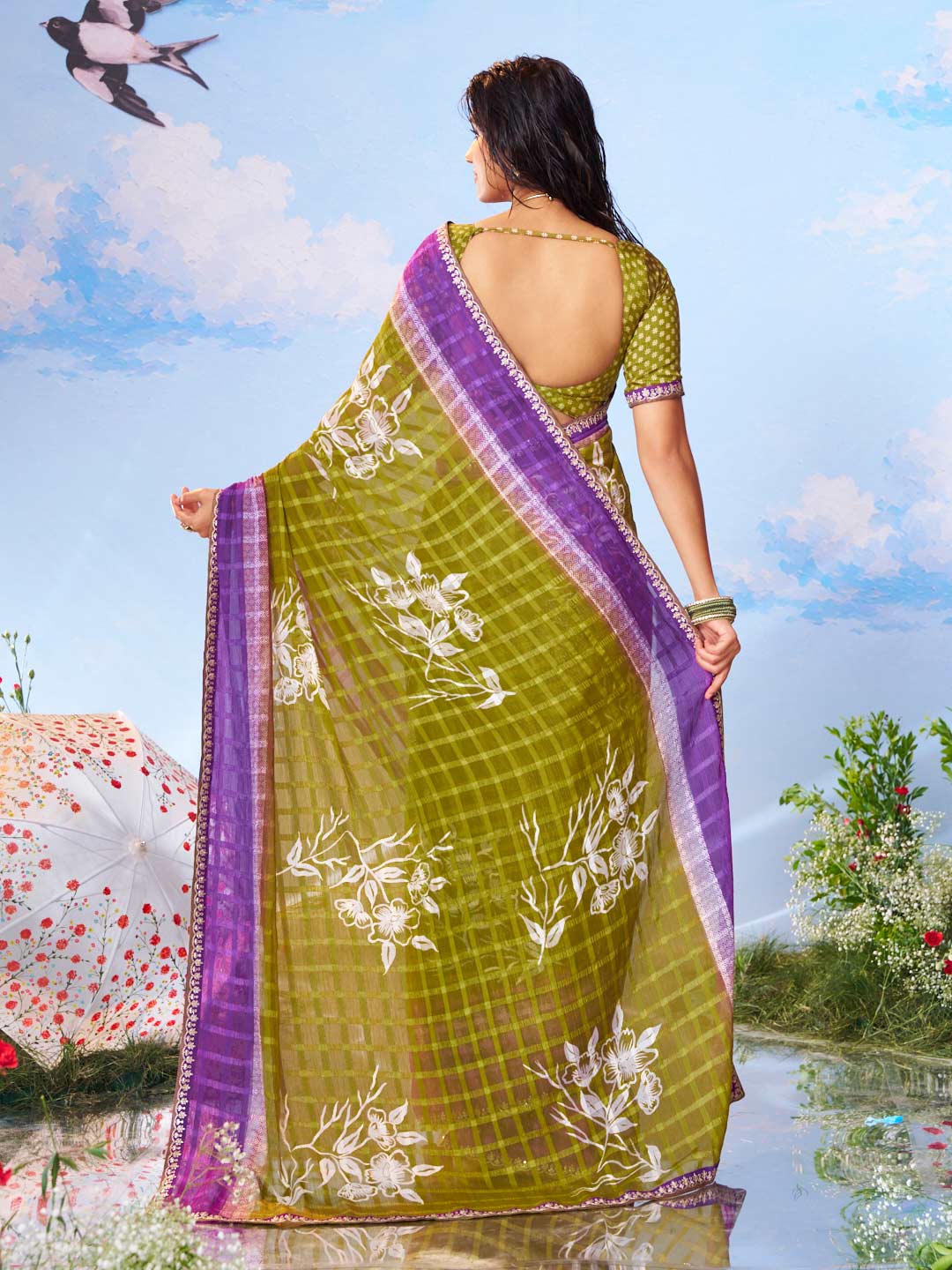 Laxmipati Andaaz Olive Green Chiffon Floral Printed Saree