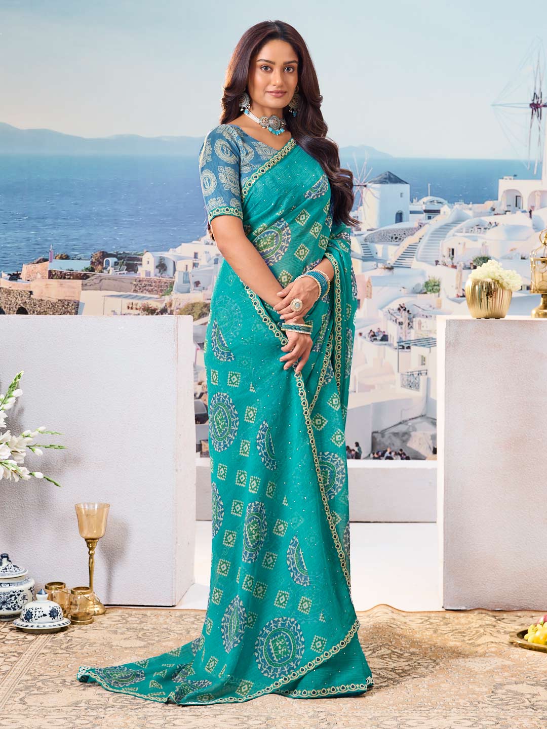 Laxmipati Nazar Blue Chiffon Floral Printed Saree