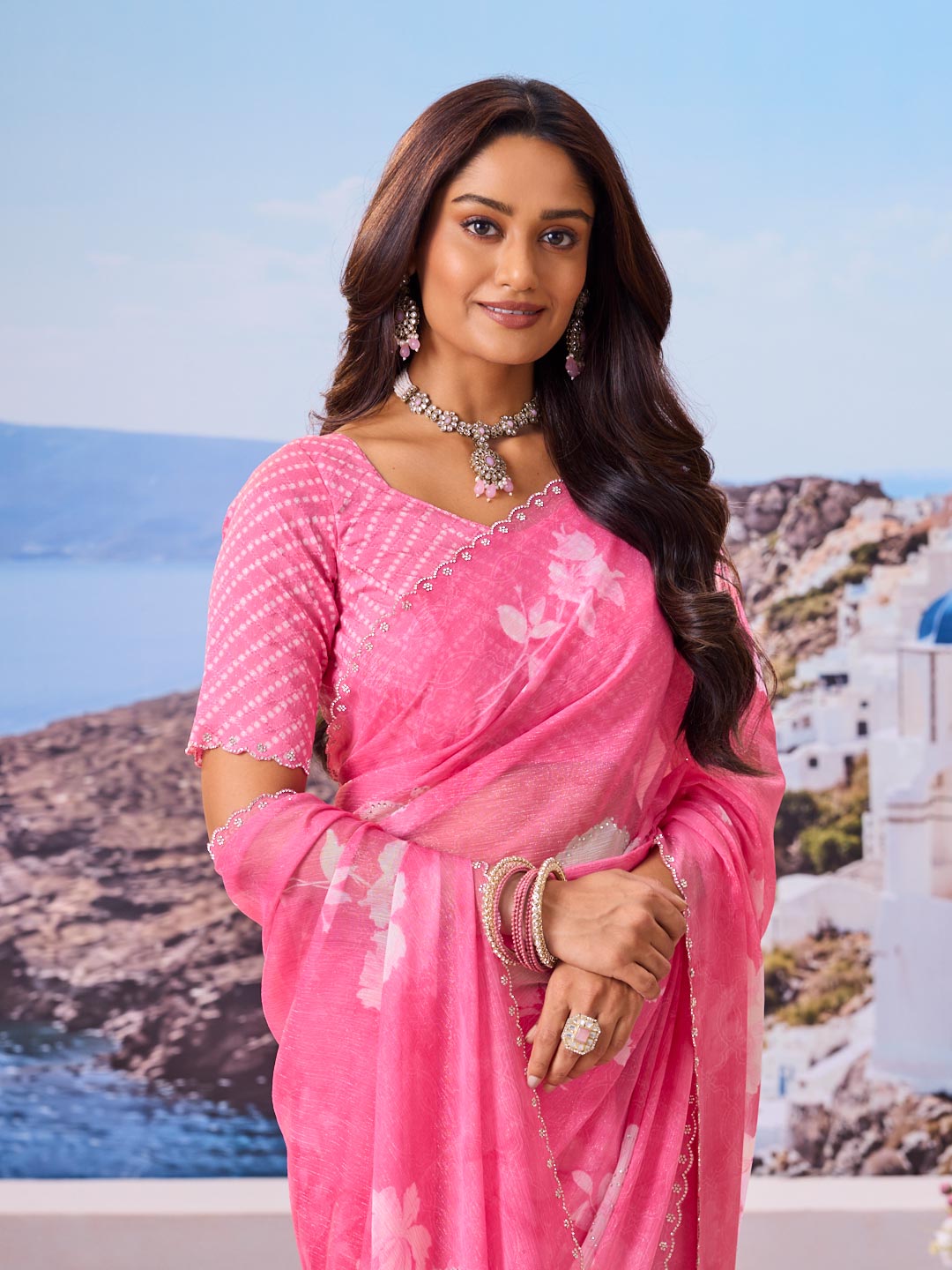 Laxmipati Nazar Pink Chiffon Floral Printed Saree