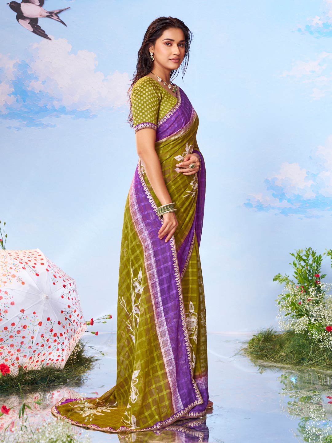 Laxmipati Andaaz Olive Green Chiffon Floral Printed Saree