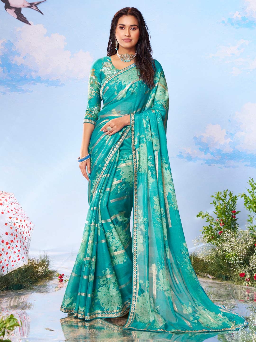 Laxmipati Andaaz Blue Chiffon Floral Printed Saree