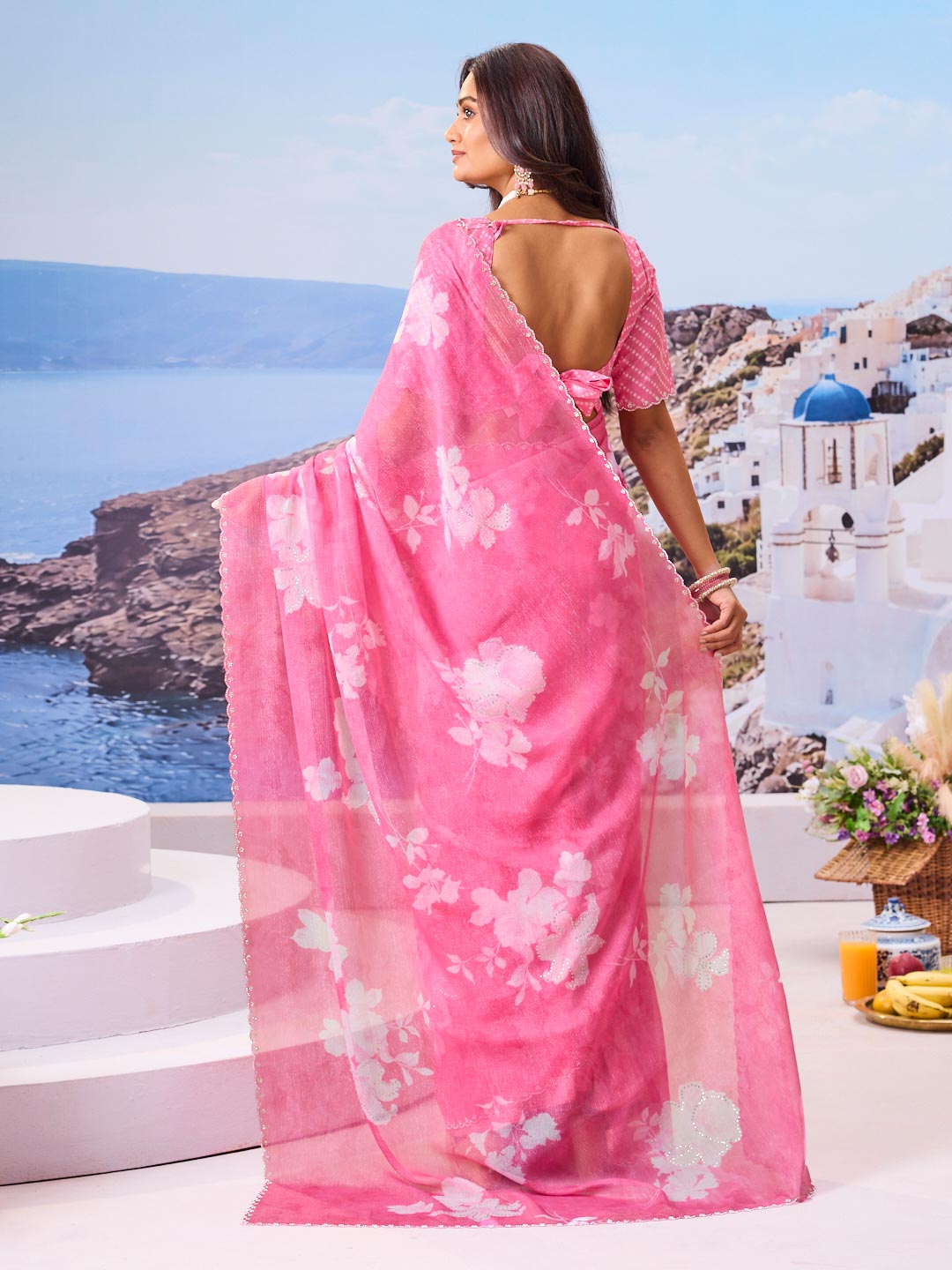 Laxmipati Nazar Pink Chiffon Floral Printed Saree