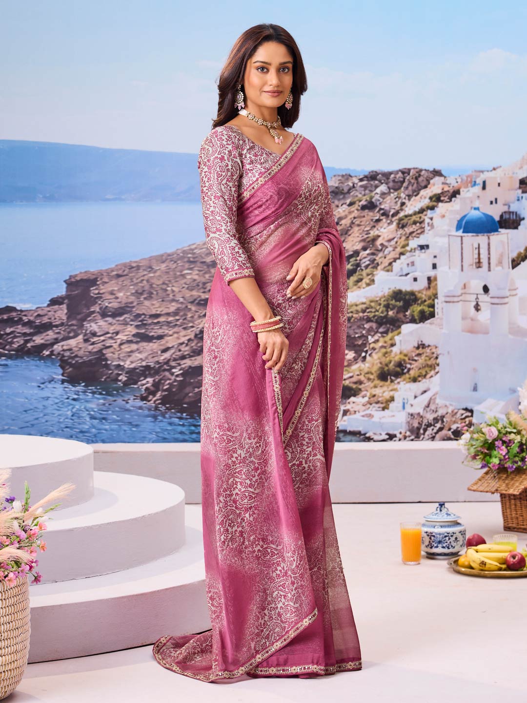 Laxmipati Nazar Purple Chiffon Floral Printed Saree