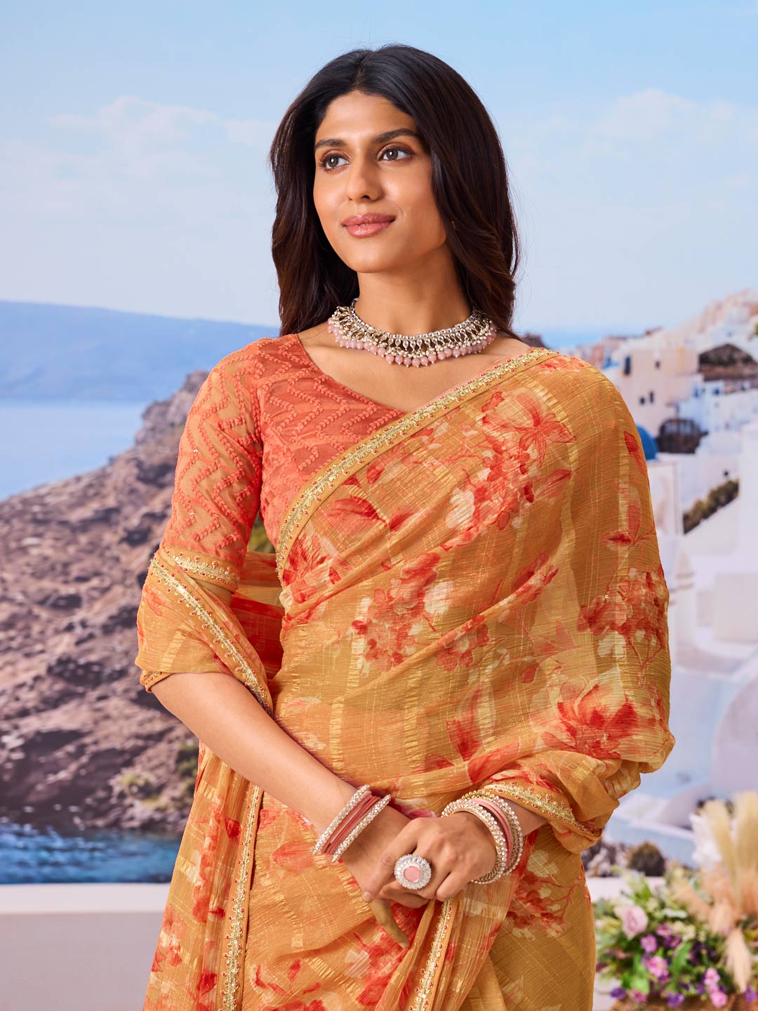 Laxmipati Nazar Brown Chiffon Floral Printed Saree